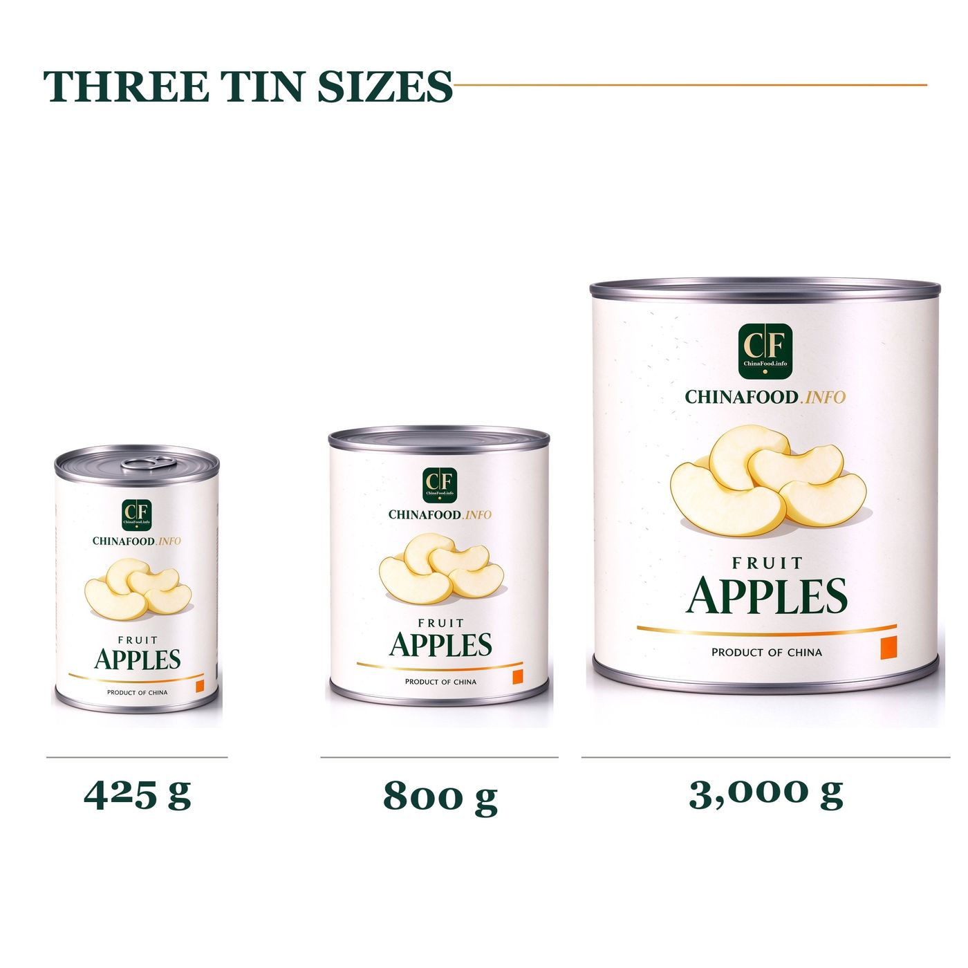 Three tin sizes - 425g, 800g and 3,000g cans of apple slices in light syrup