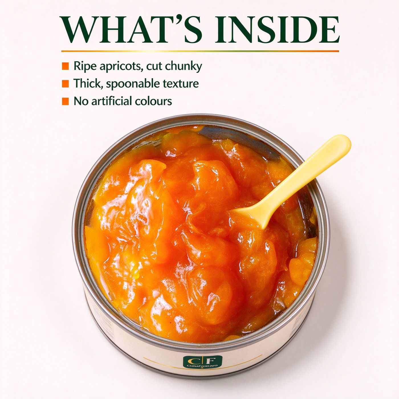An open tin of apricot jam with a spoon, seen from above