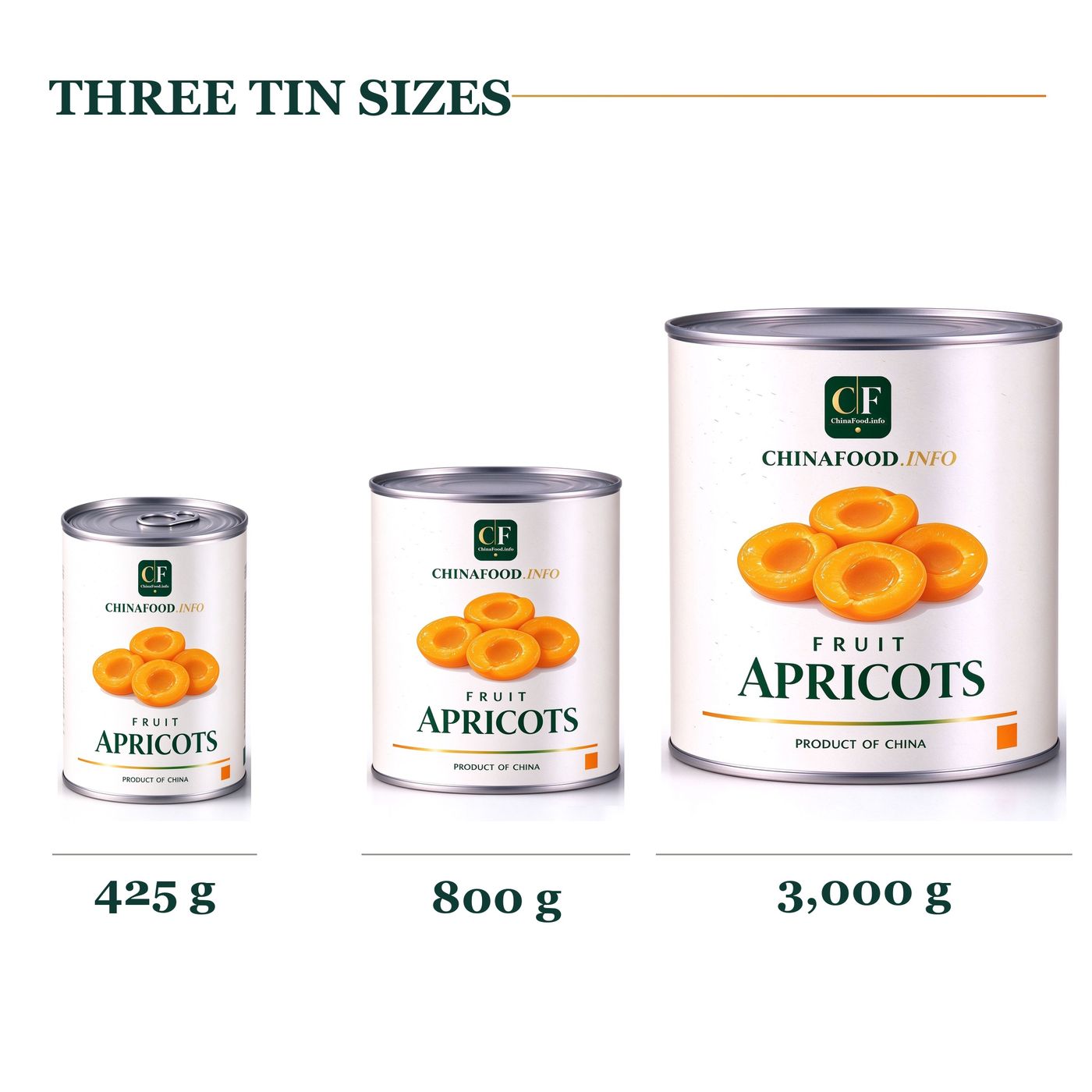 Three tin sizes - 425g, 800g and 3,000g cans of apricot halves in light syrup