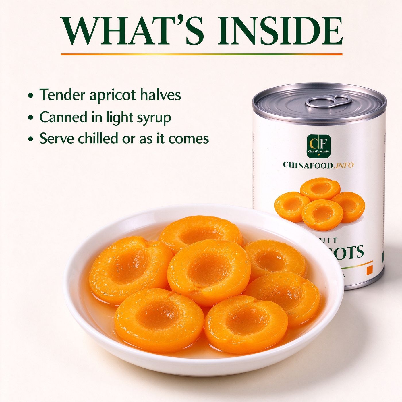 An opened tin of apricot halves in light syrup, seen from above
