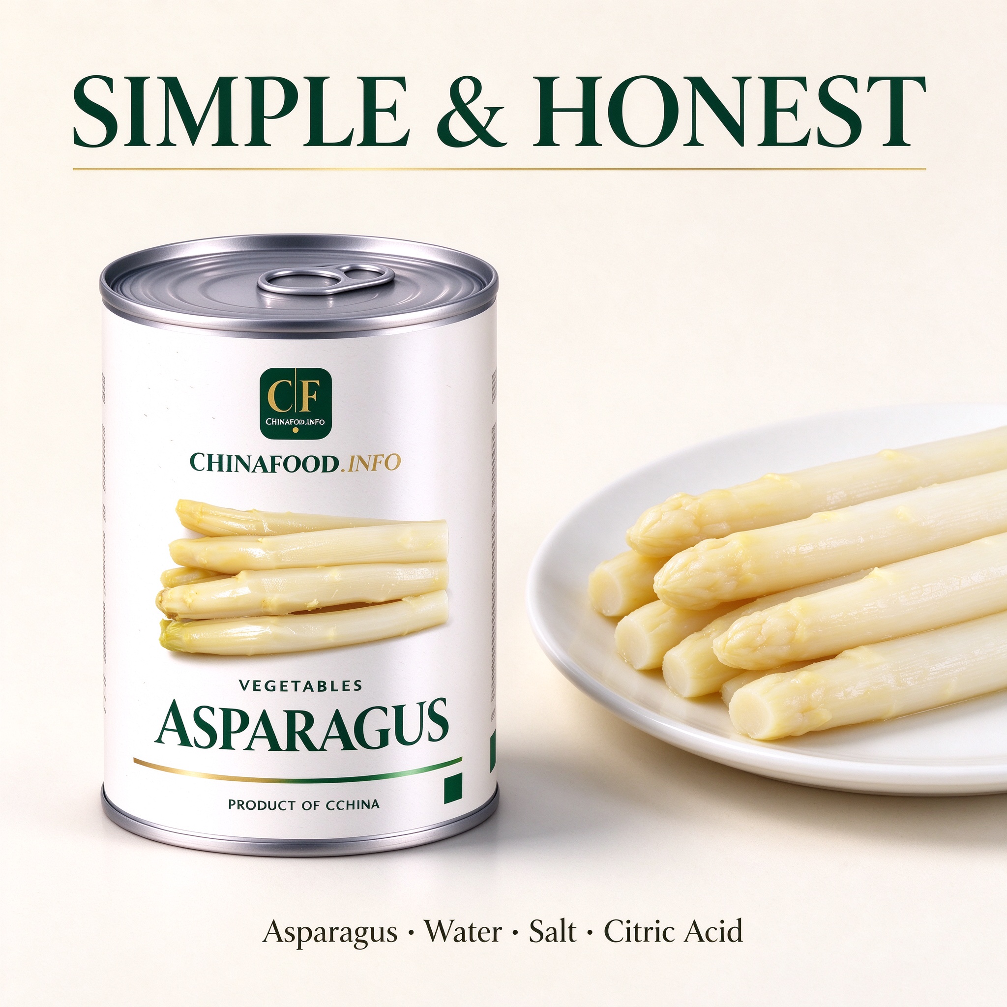 White asparagus spears served on a plate, with the trade can beside