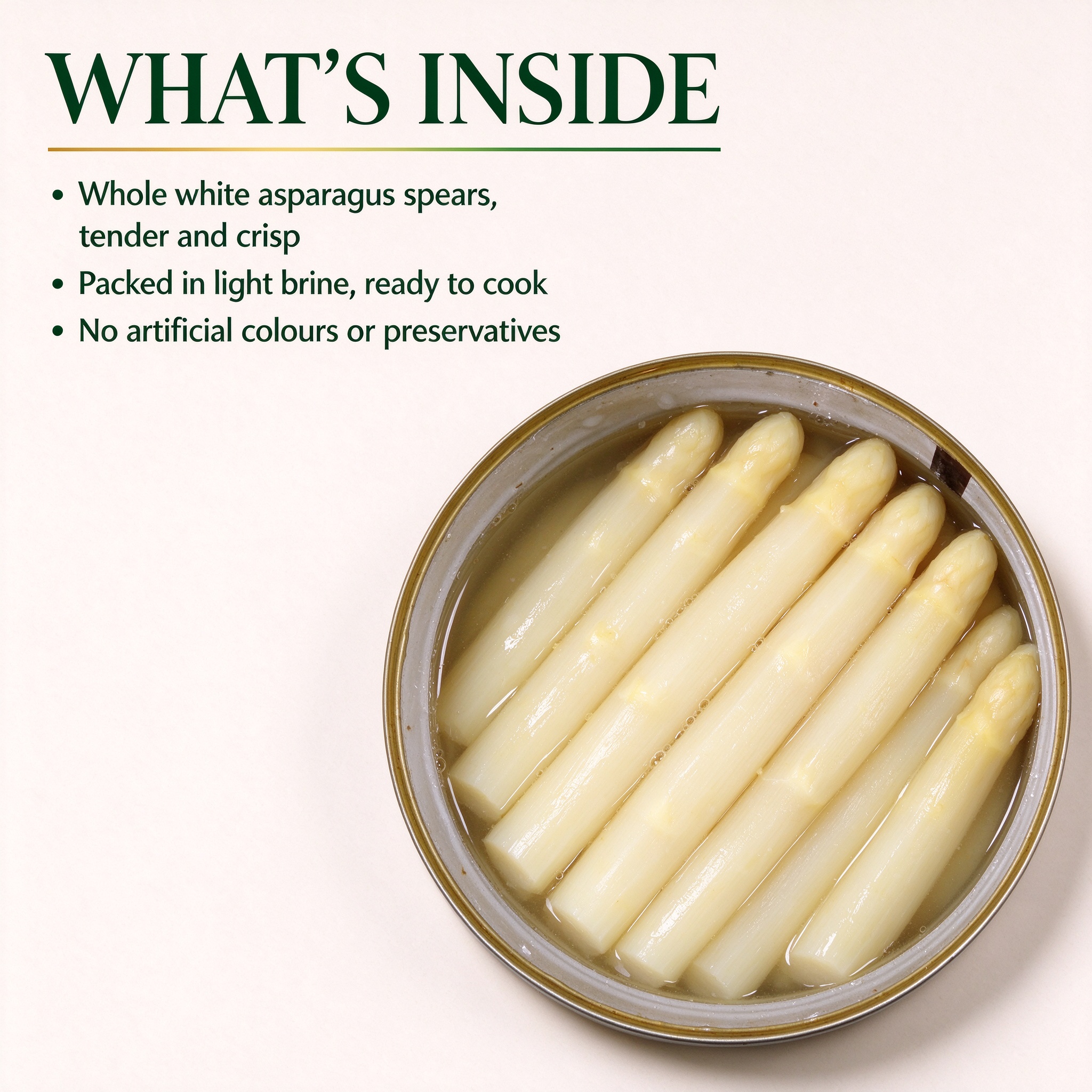 An opened tin of whole white asparagus spears in light brine, seen from above