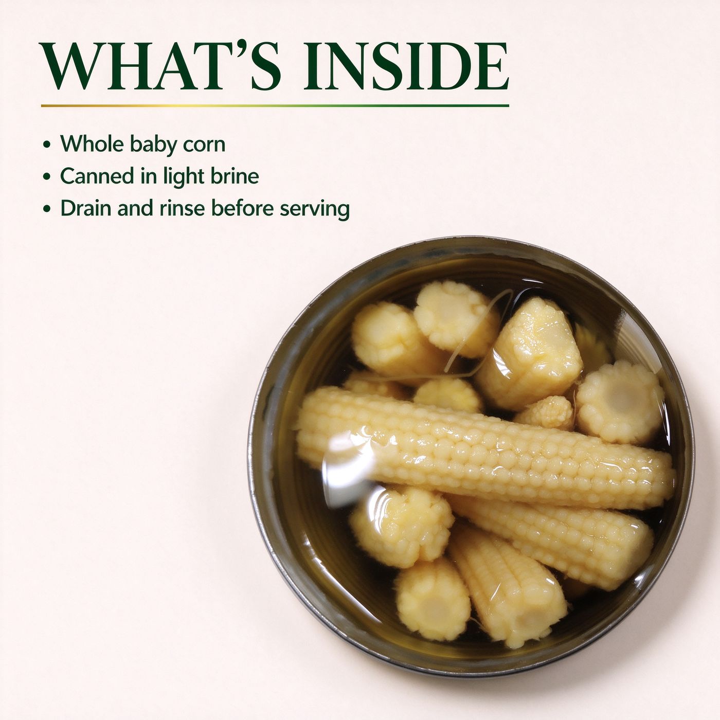 An opened tin of baby corn, seen from above