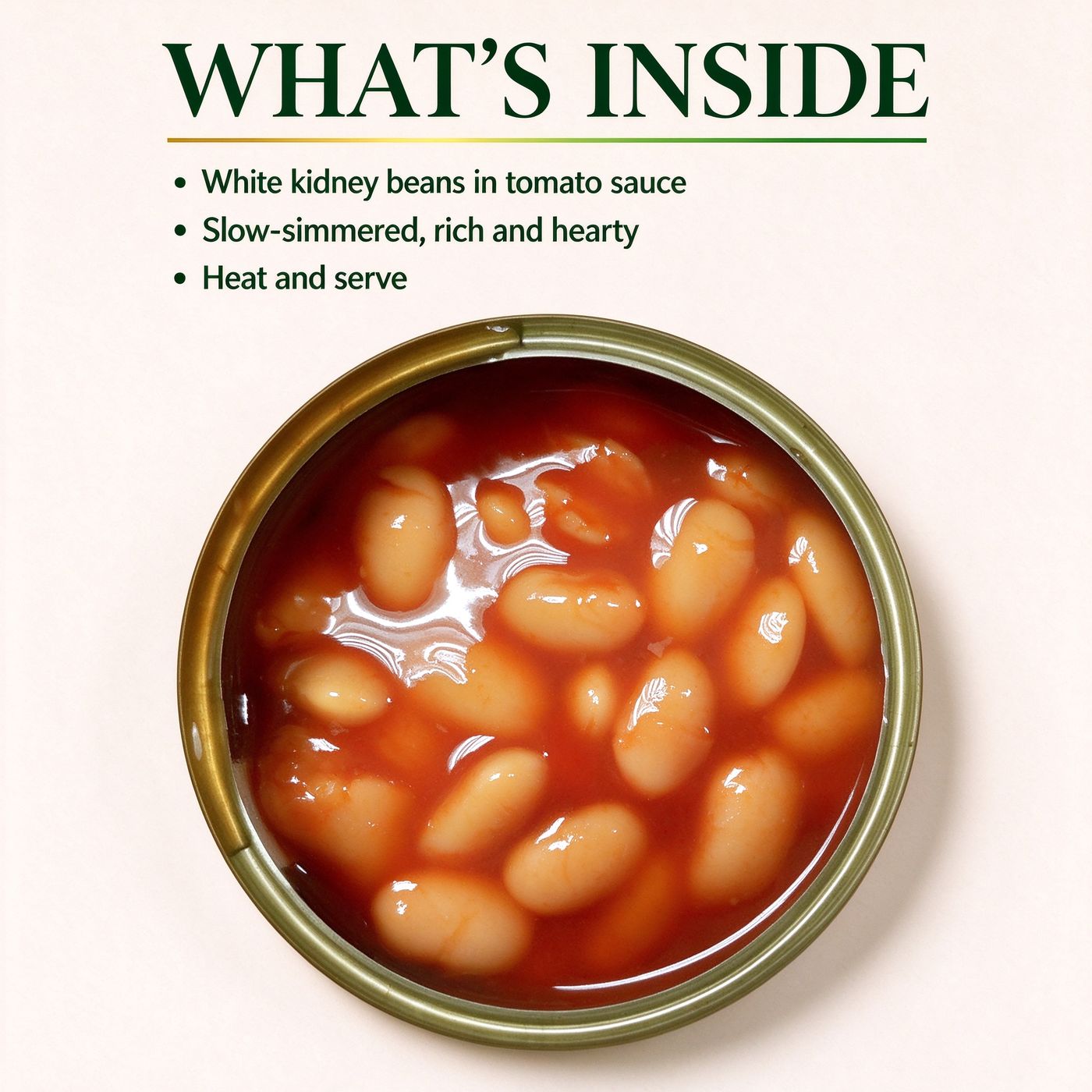 An opened tin of baked beans, seen from above