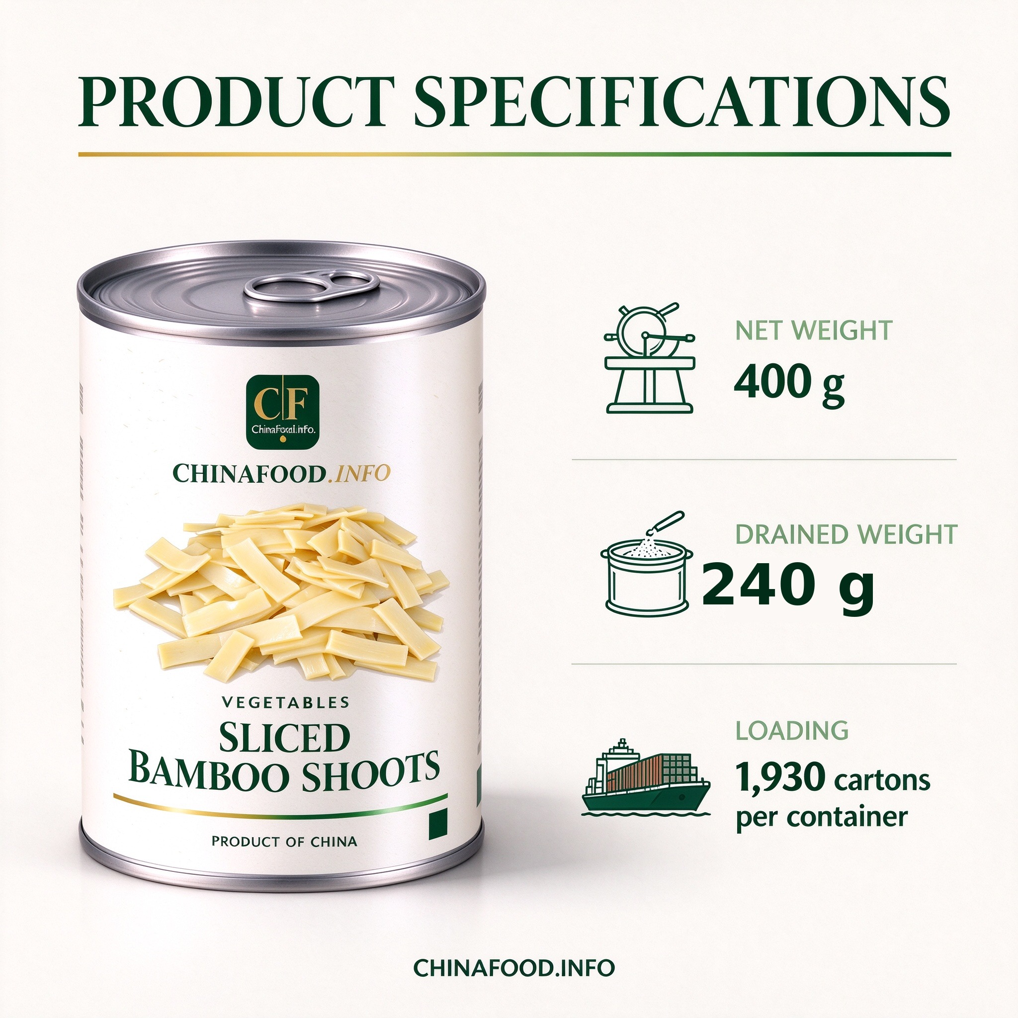 Sliced bamboo shoots product specification sheet