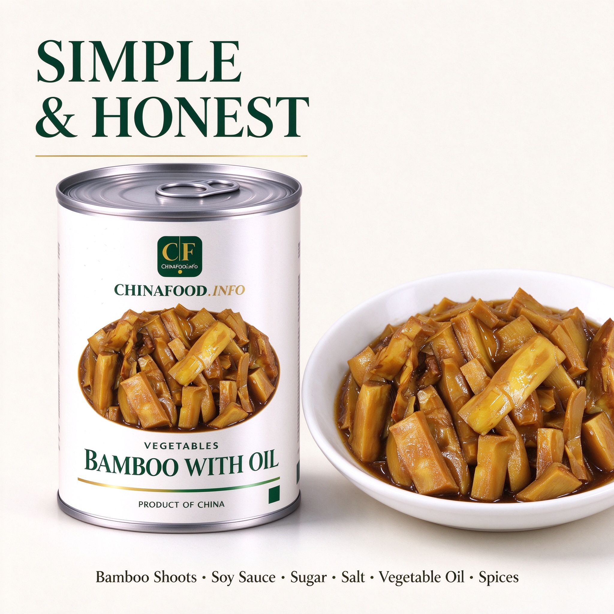 Bamboo shoot chunks in glossy savoury oil served in a bowl, with the trade can beside