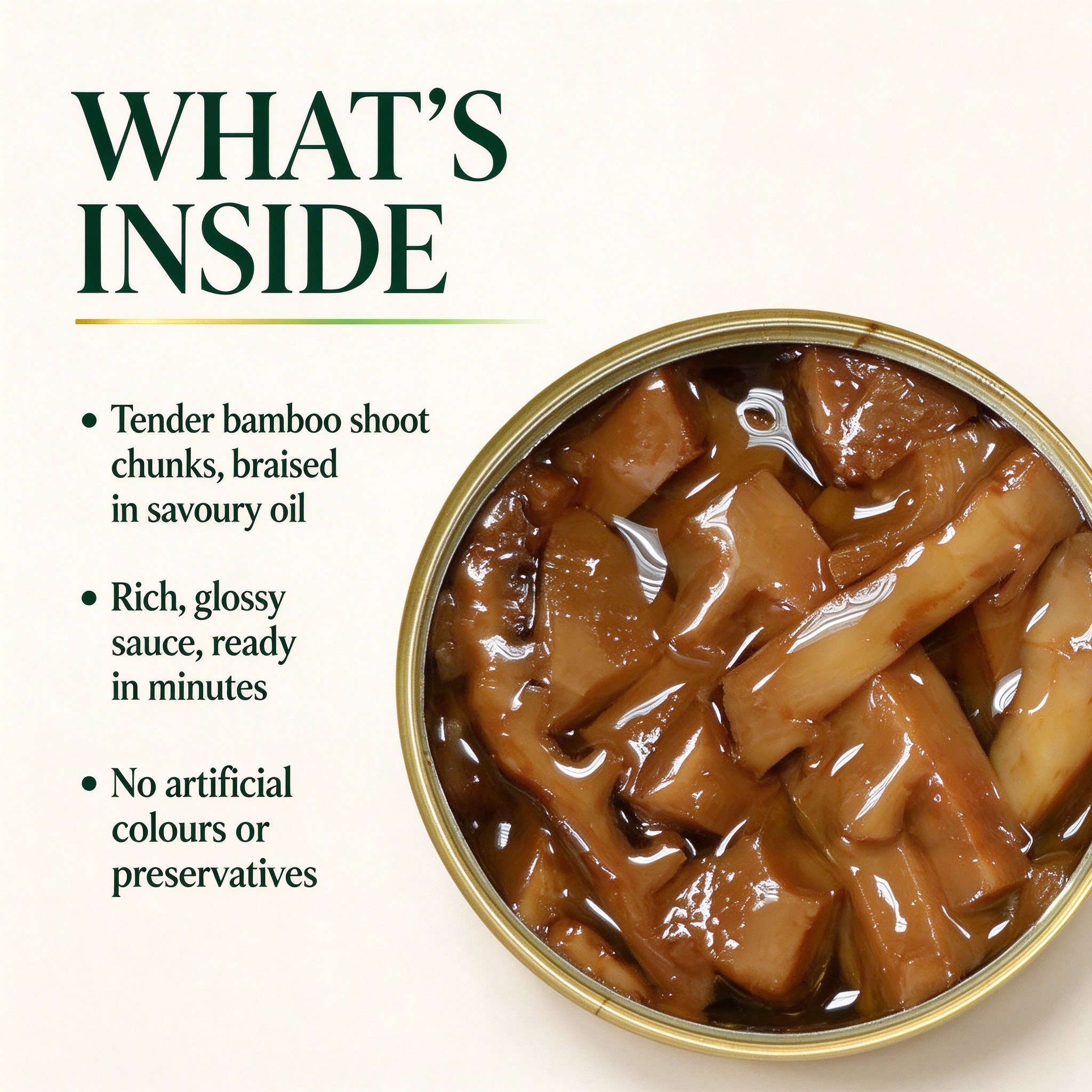 An opened tin of bamboo shoot chunks braised in savoury oil, seen from above