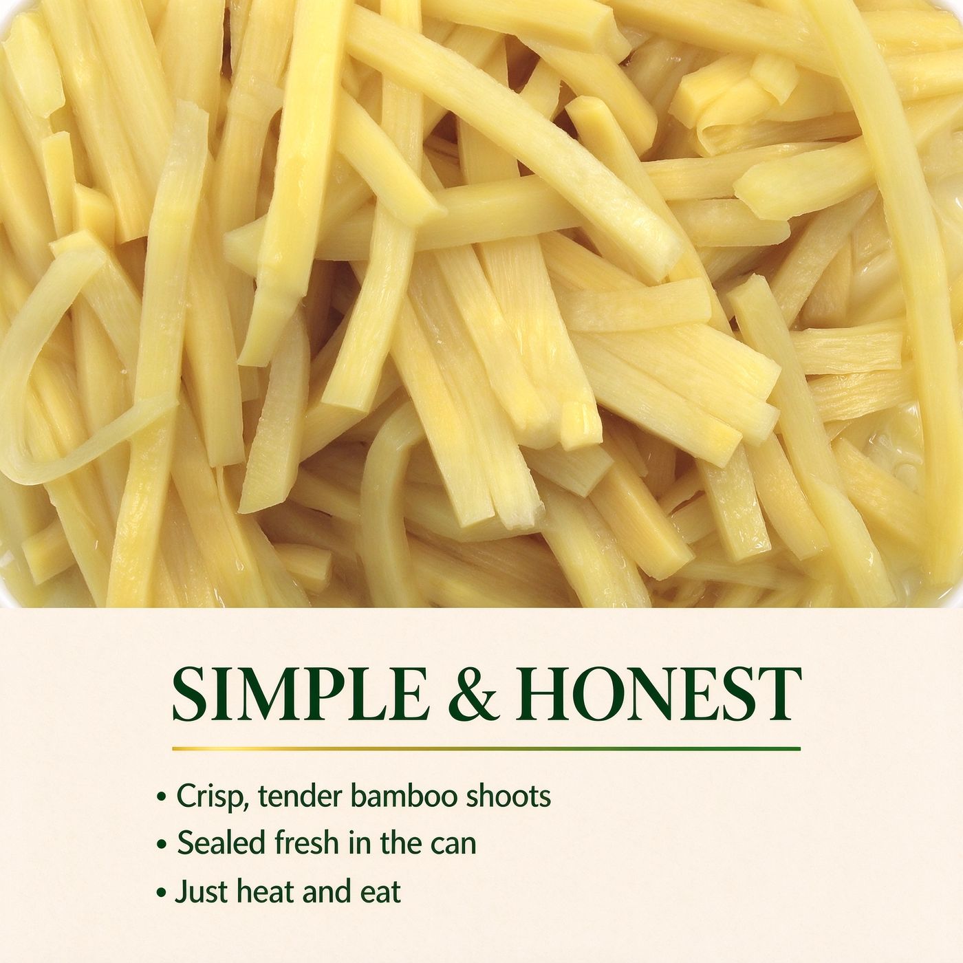 Close-up of crisp bamboo shoot strips in brine
