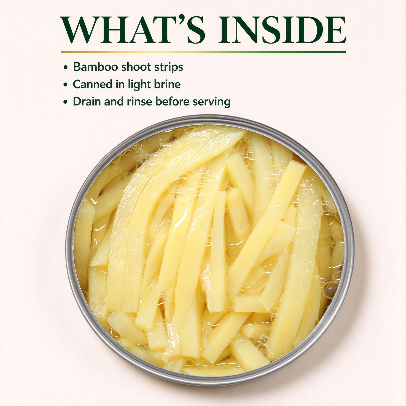 An opened tin of bamboo shoot strips, seen from above