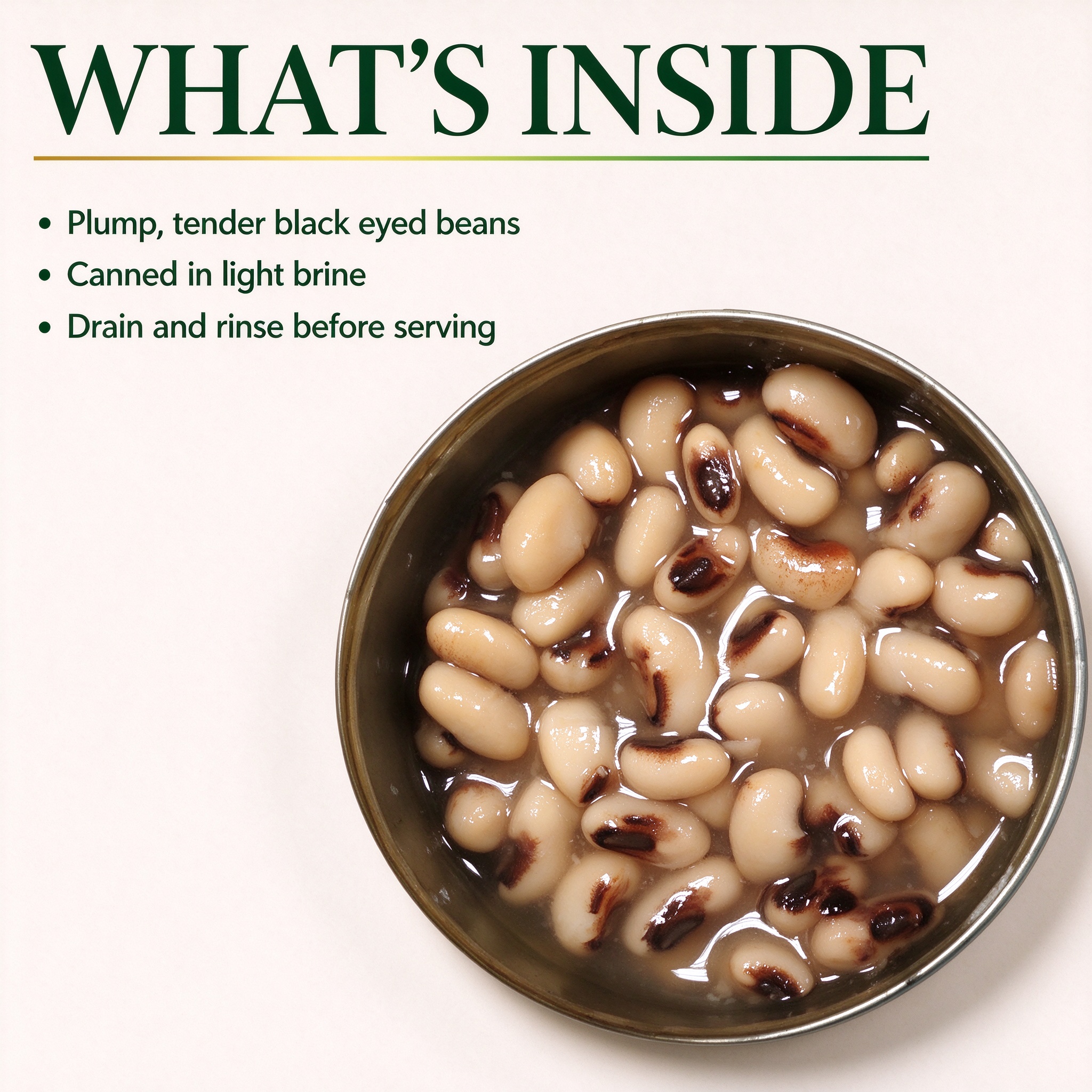 An opened tin of plump black eyed beans in light brine, seen from above