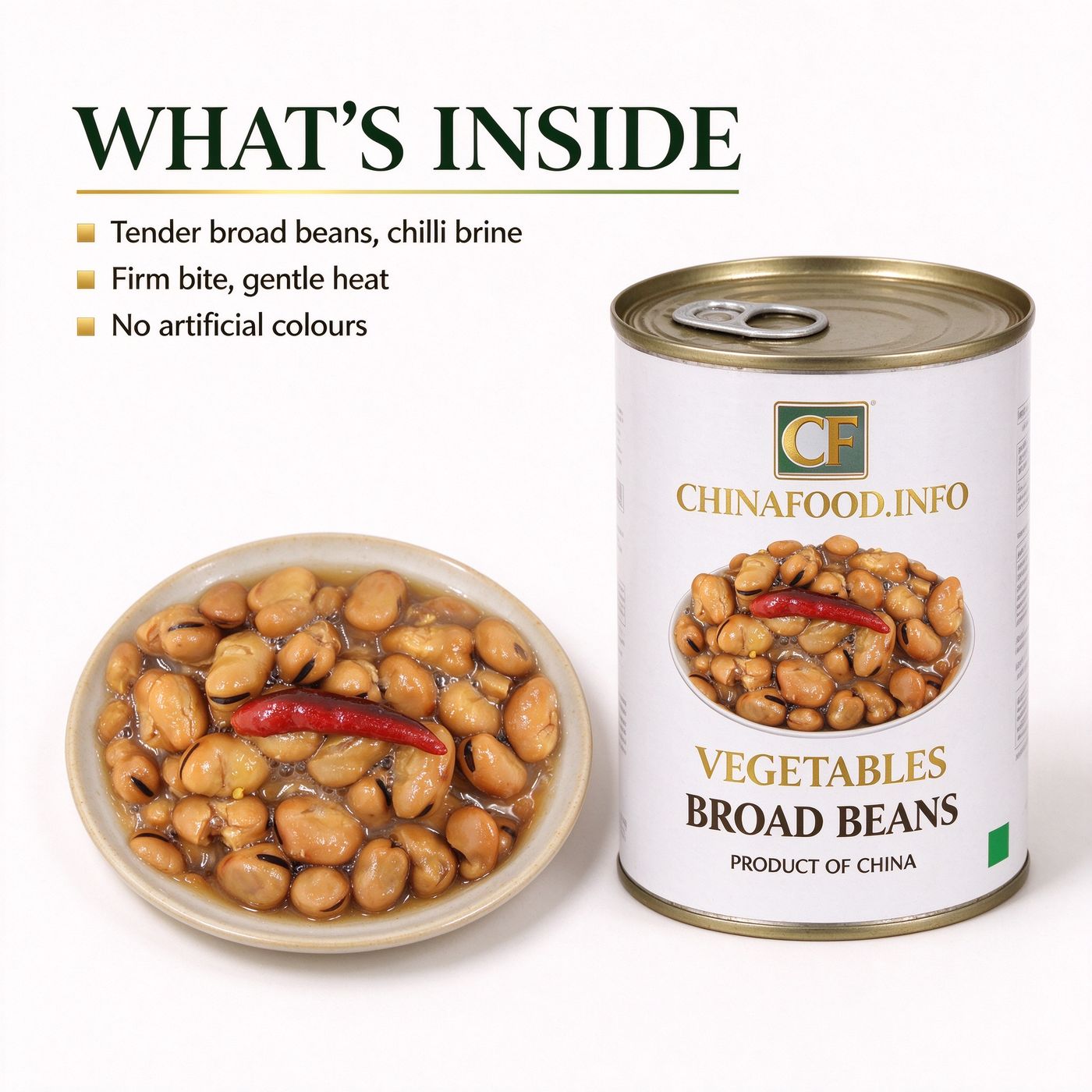 An opened tin of broad beans in chilli brine, seen from above