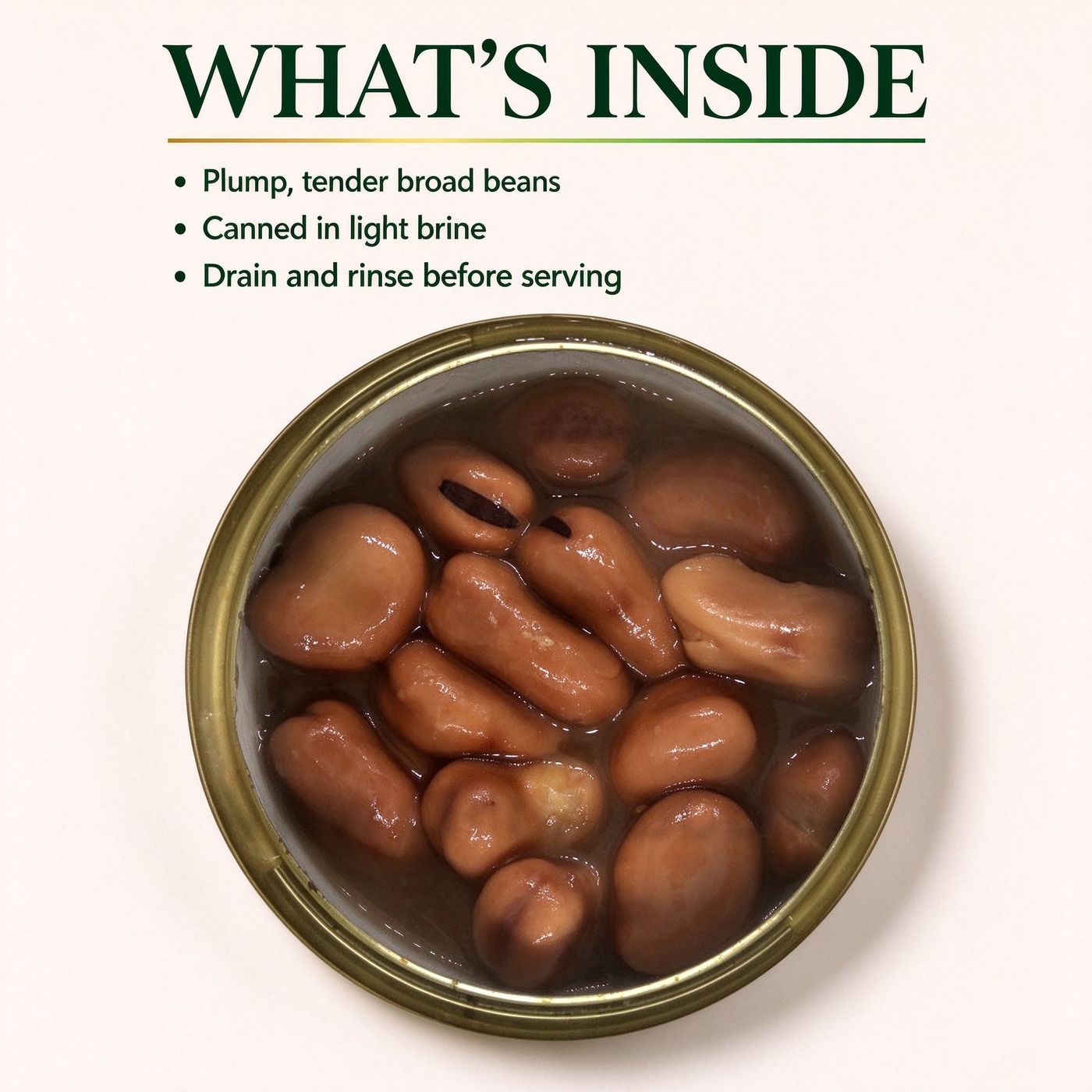 An opened tin of broad beans, seen from above
