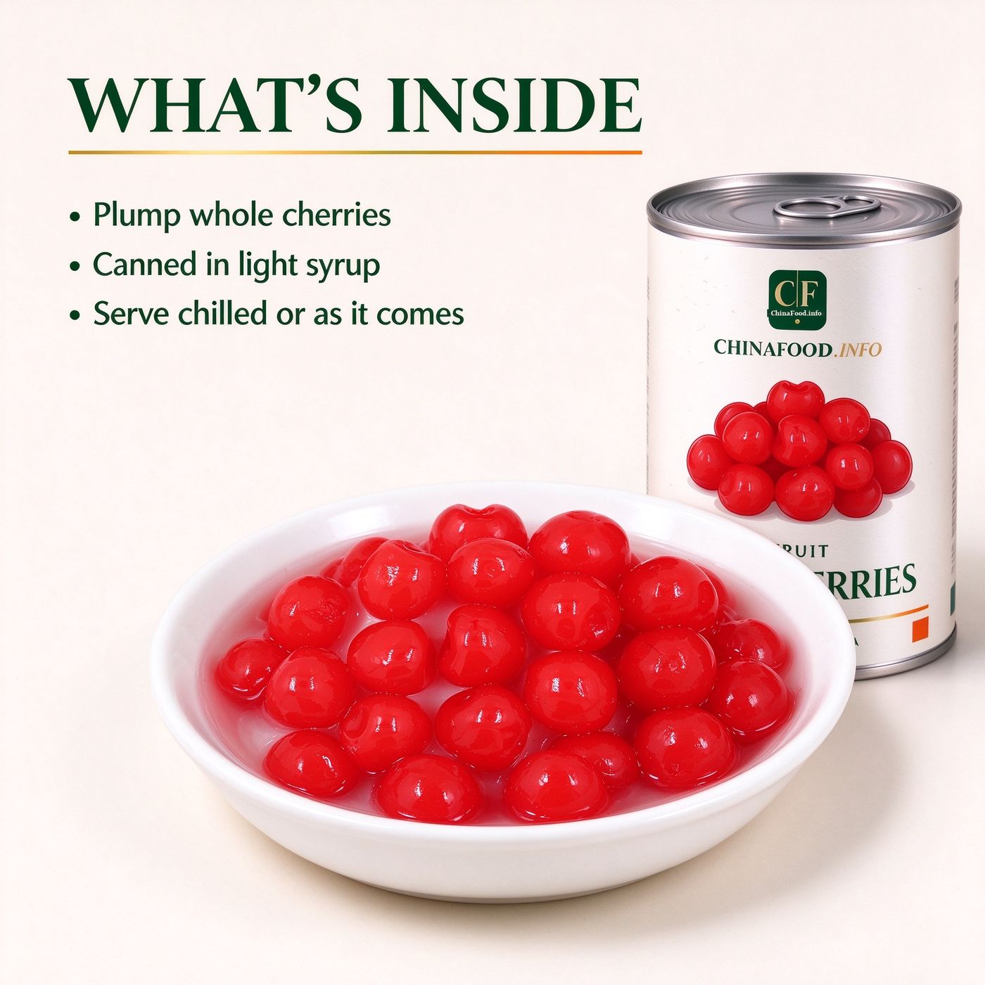 A bowl of whole cherries in light syrup, seen from above