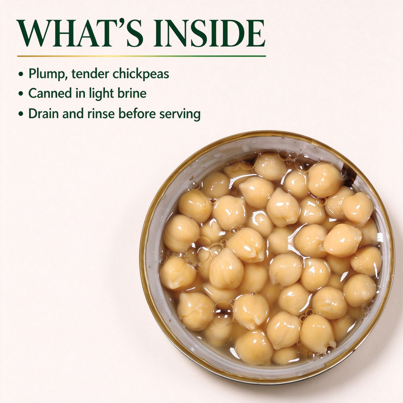An opened tin of plump chickpeas in brine, seen from above