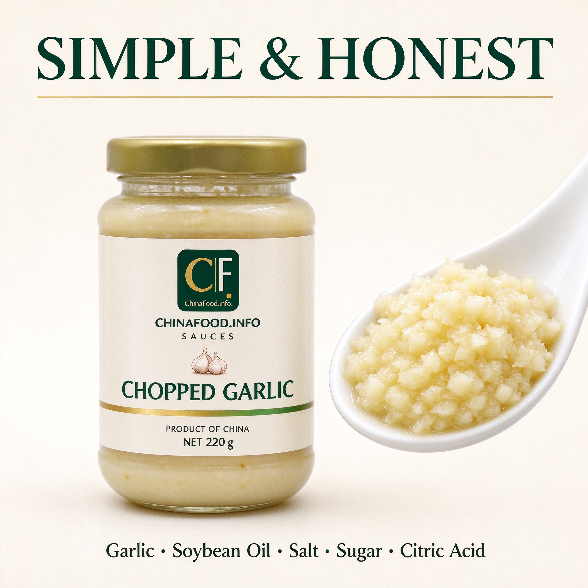 Finely chopped garlic in a dish, with the trade jar beside