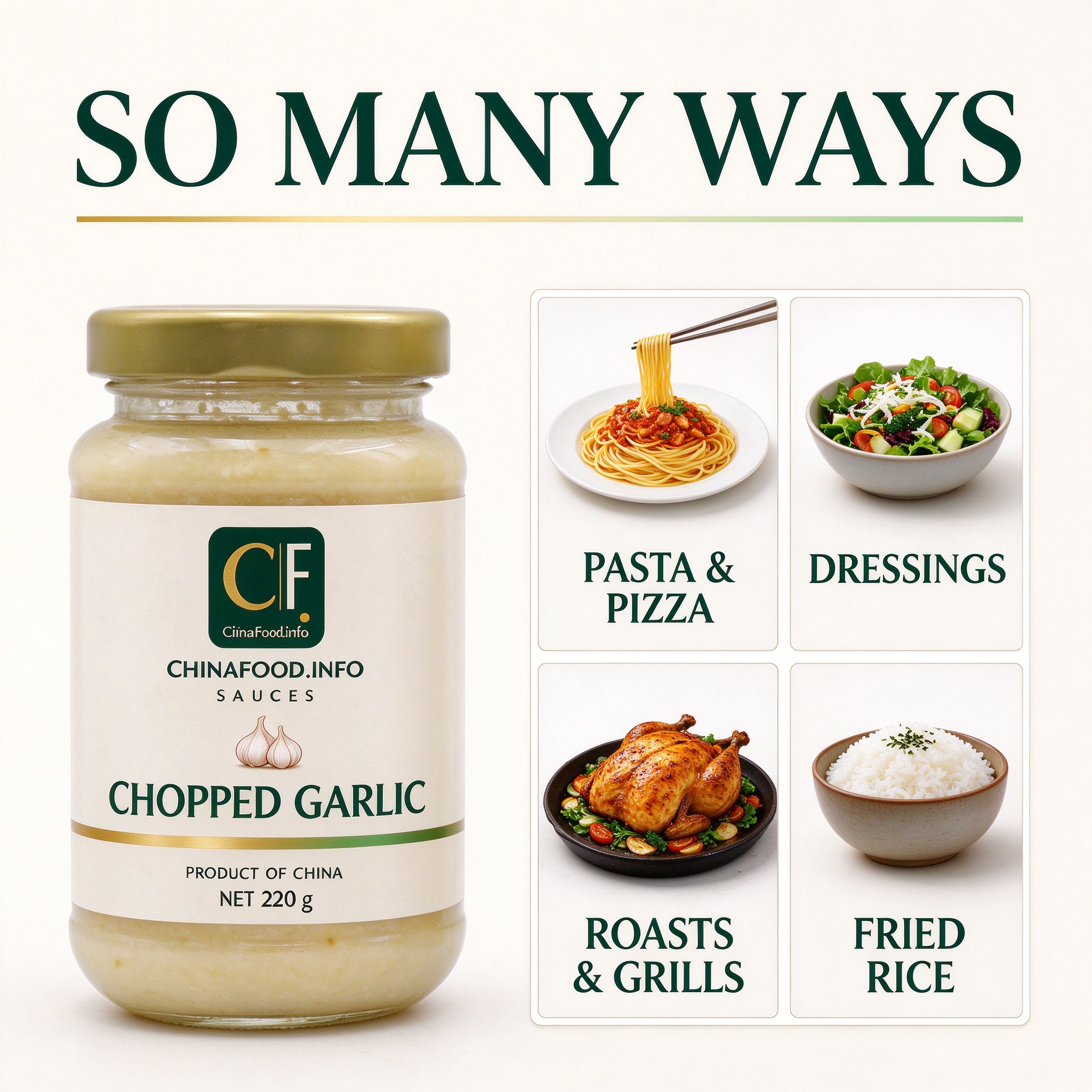 Chopped garlic with suggested uses