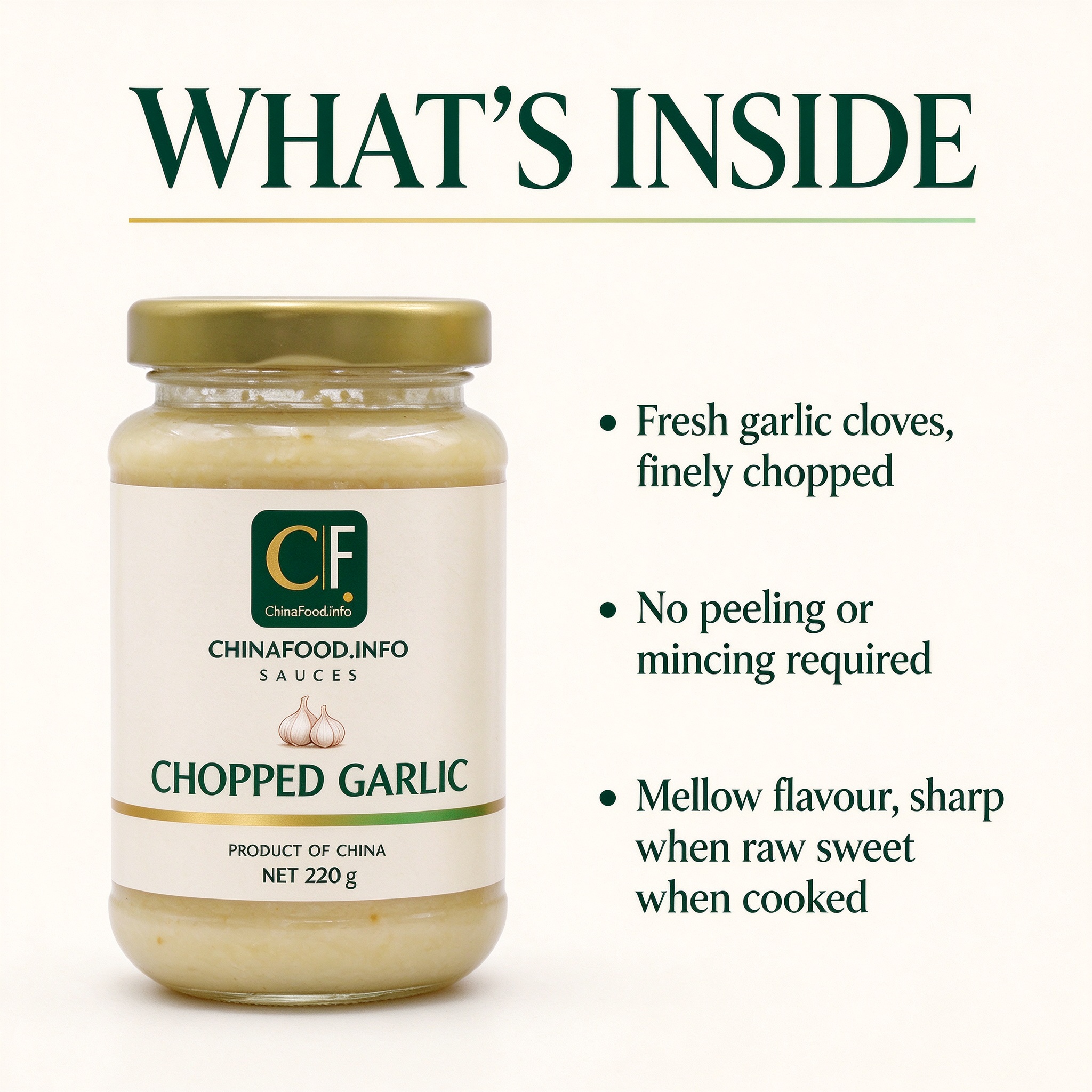A glass jar of finely chopped garlic in garlic oil