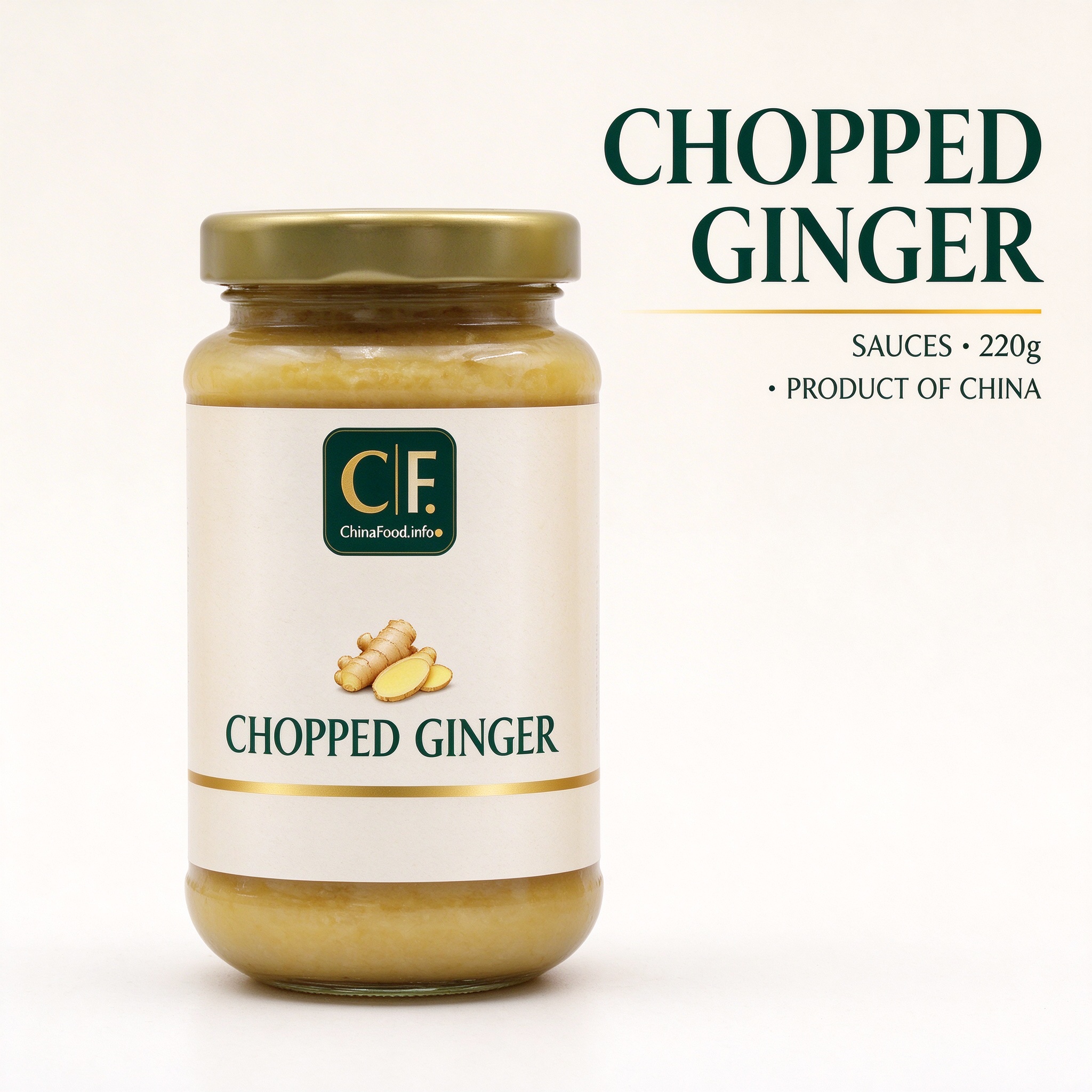 chopped ginger - jar render, glass jar net 220g