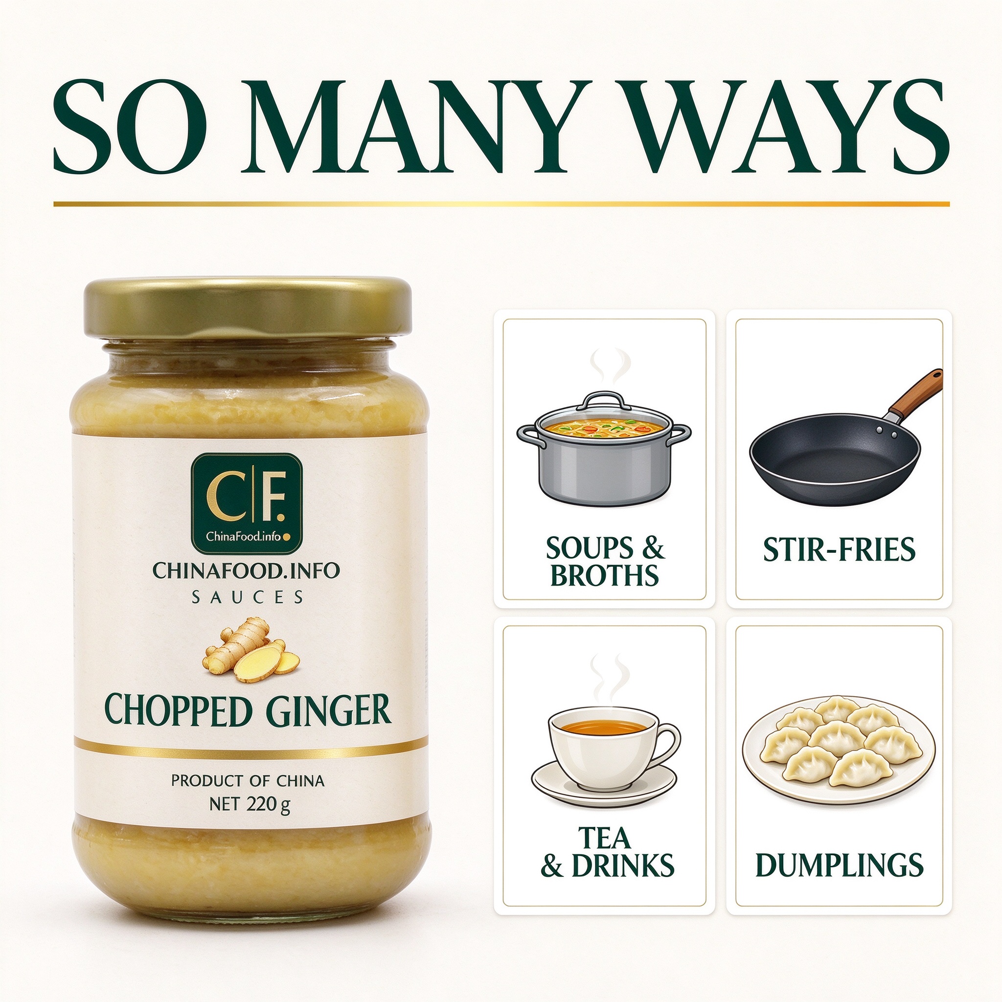 Chopped ginger with suggested uses