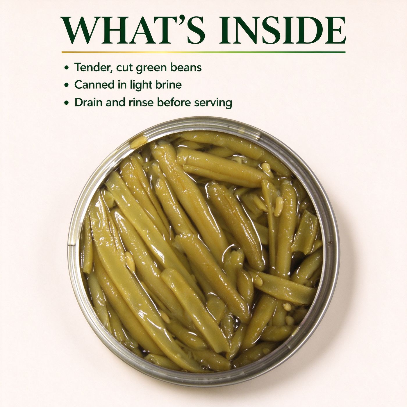 An opened tin of cut green beans, seen from above