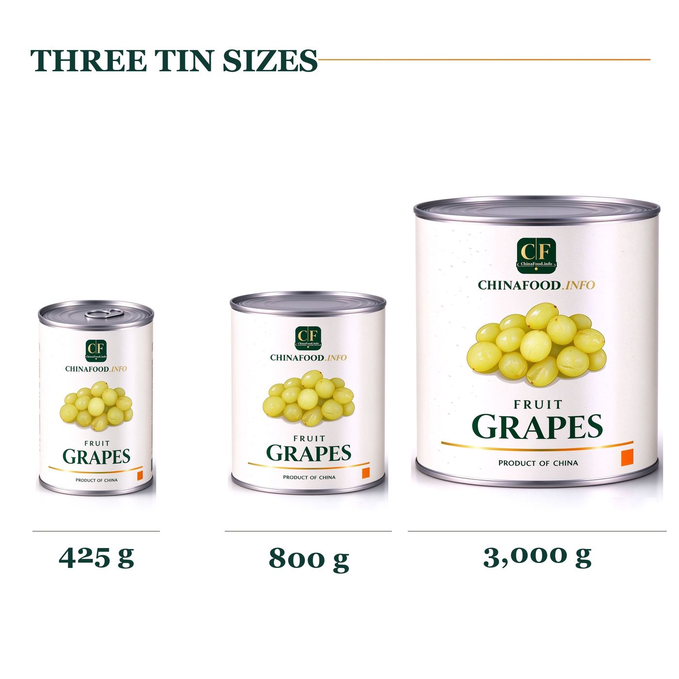 Three tin sizes - 425g, 800g and 3,000g cans of peeled grapes in light syrup