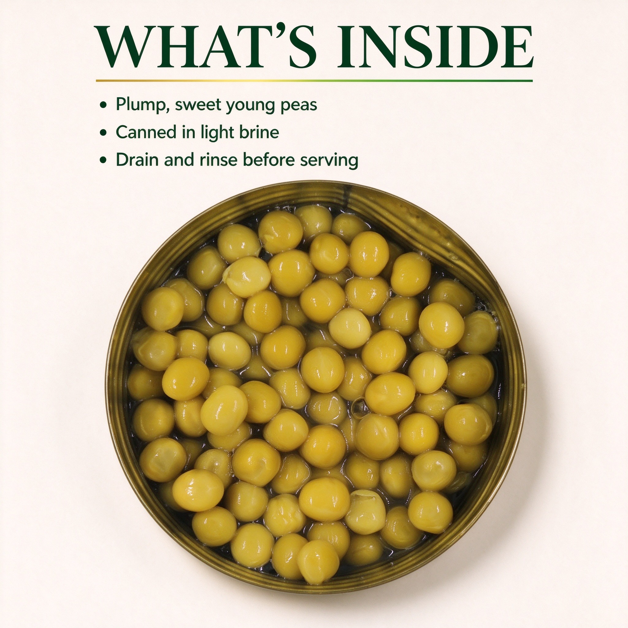 An opened tin of young green peas in light brine, seen from above