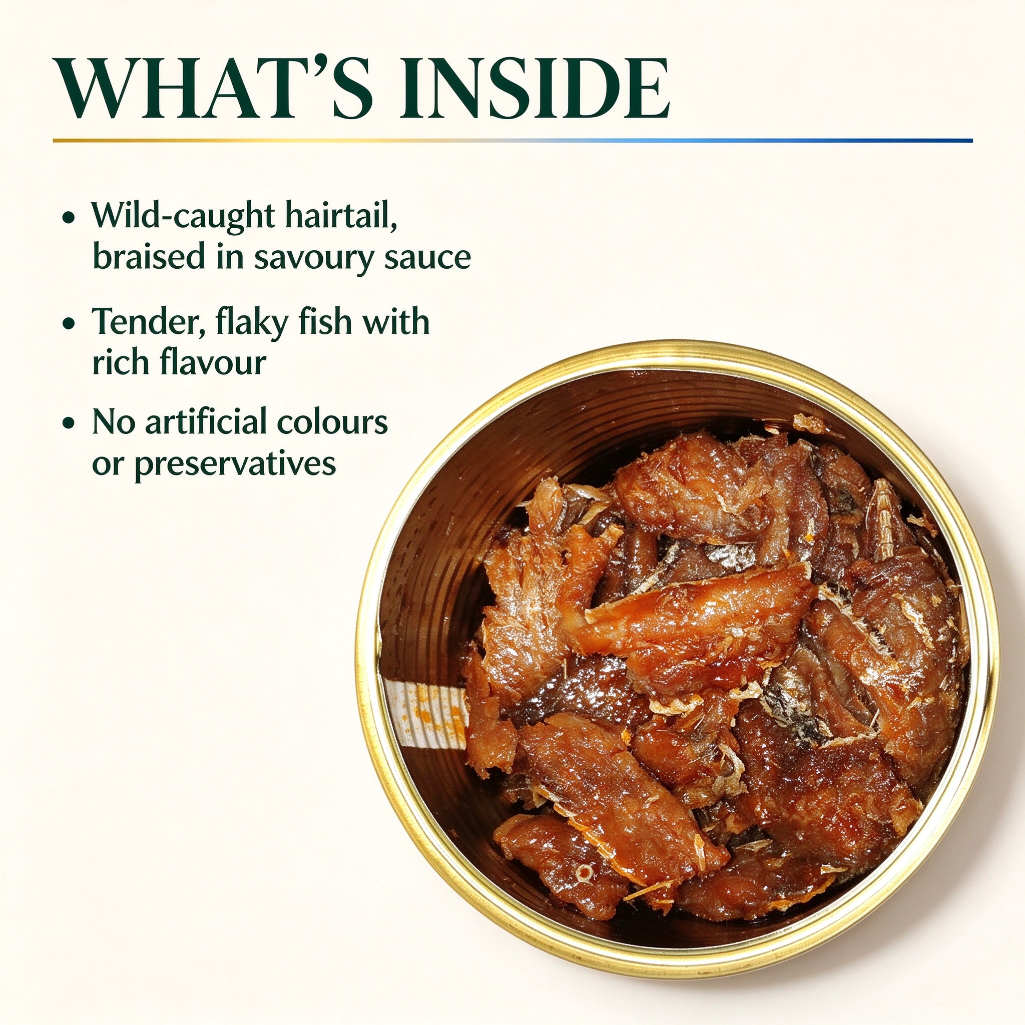 An opened tin of wild-caught hairtail braised in savoury sauce, seen from above