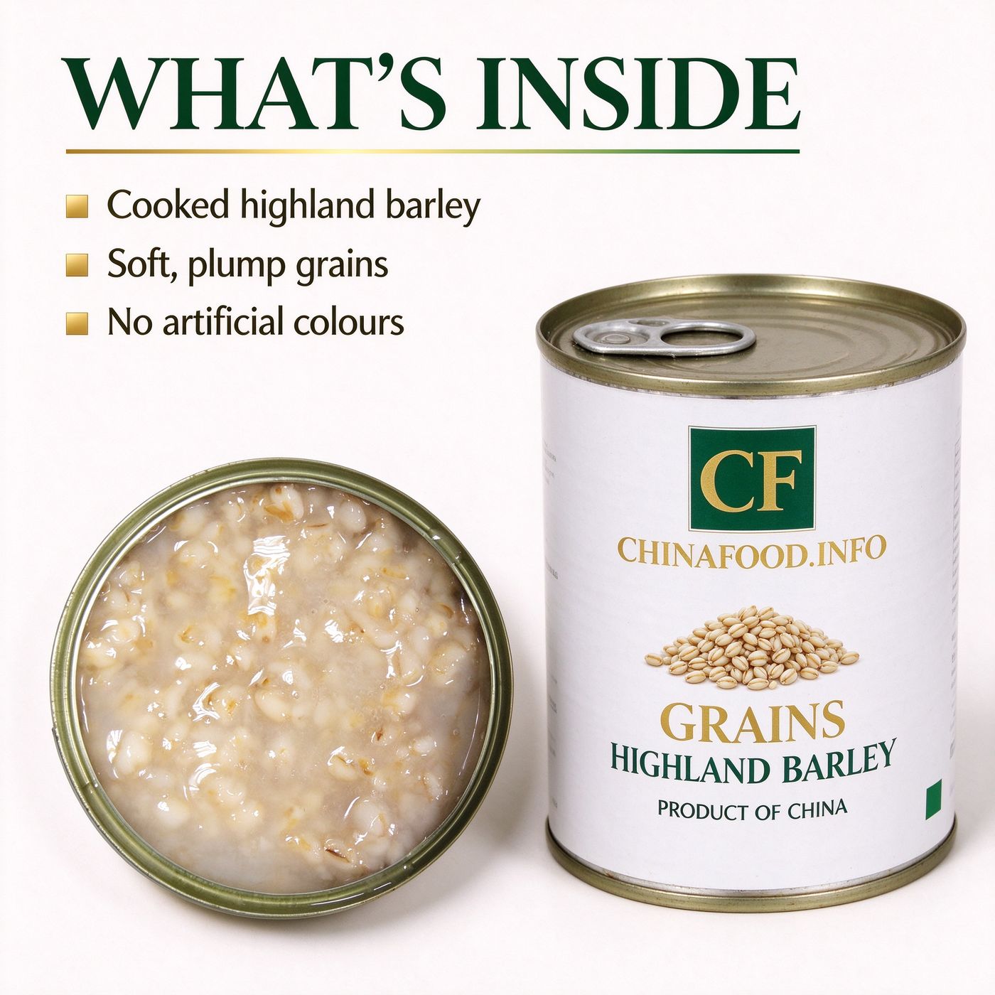 An opened tin of cooked highland barley, seen from above