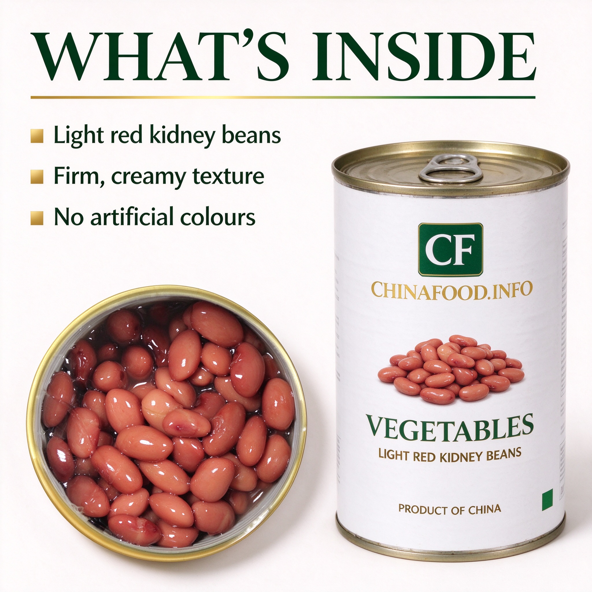 The opened can - light red kidney beans with a firm, creamy texture