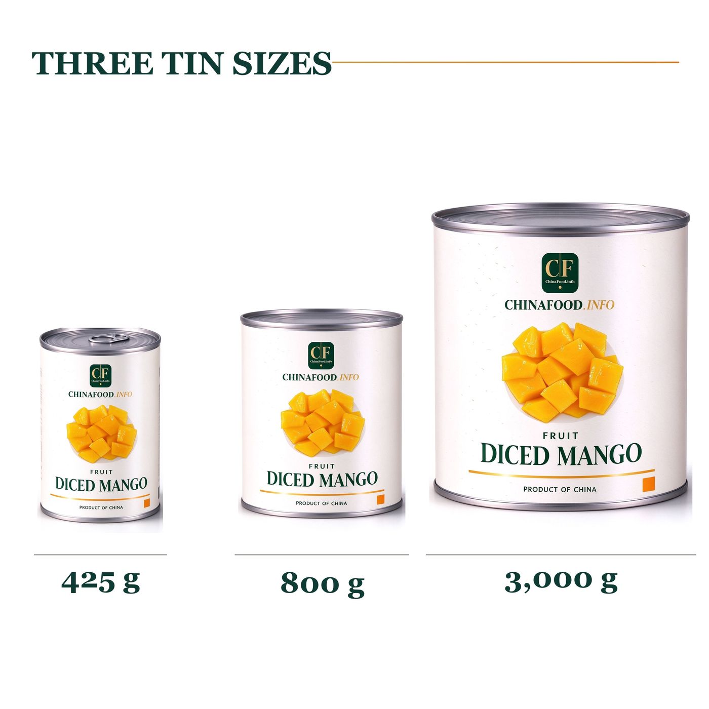 Three tin sizes - 425g, 800g and 3,000g cans of diced mango in light syrup