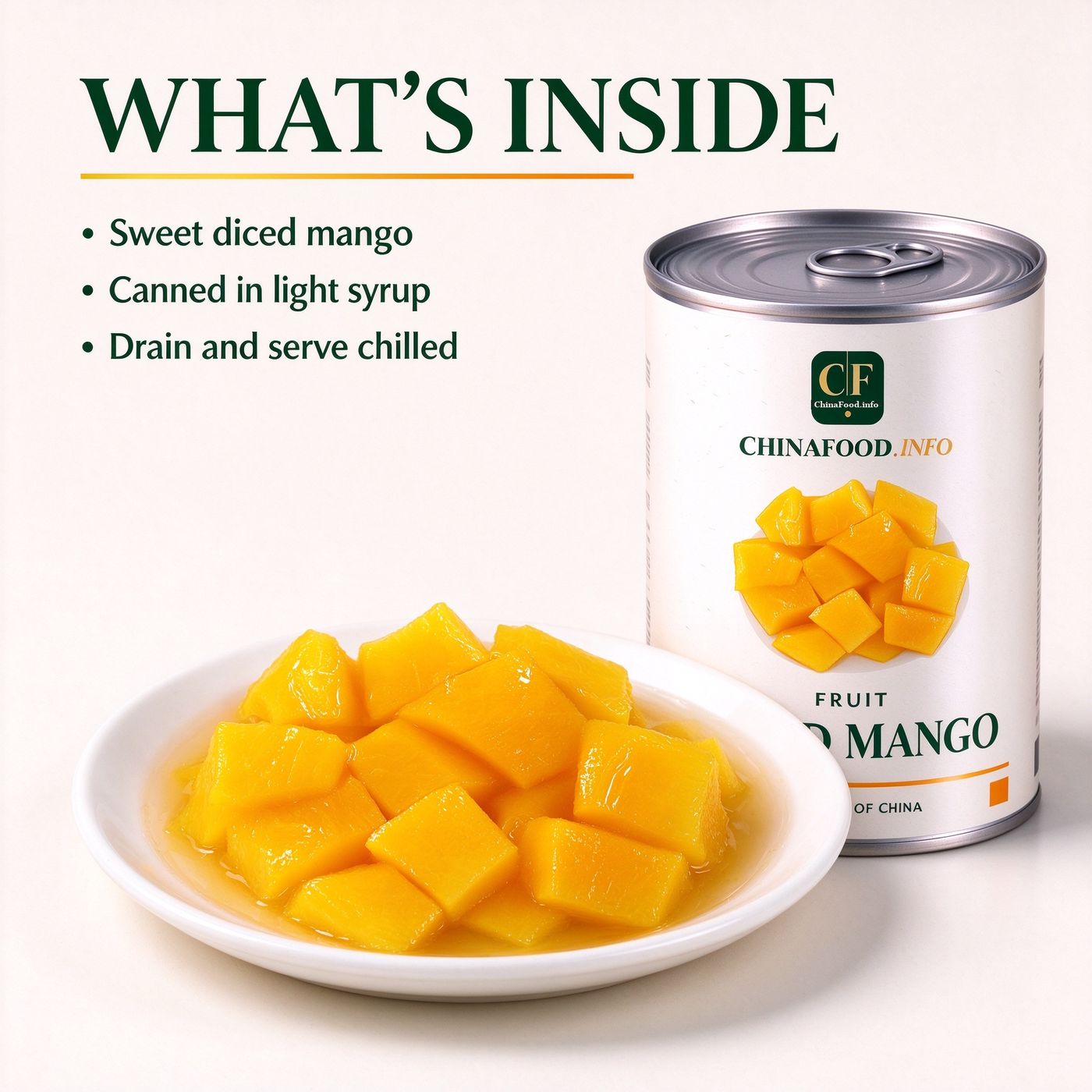 A bowl of diced mango in light syrup, seen from above