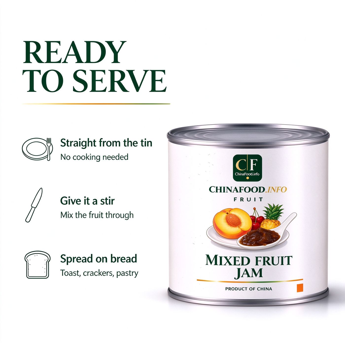 Mixed fruit jam served from the tin