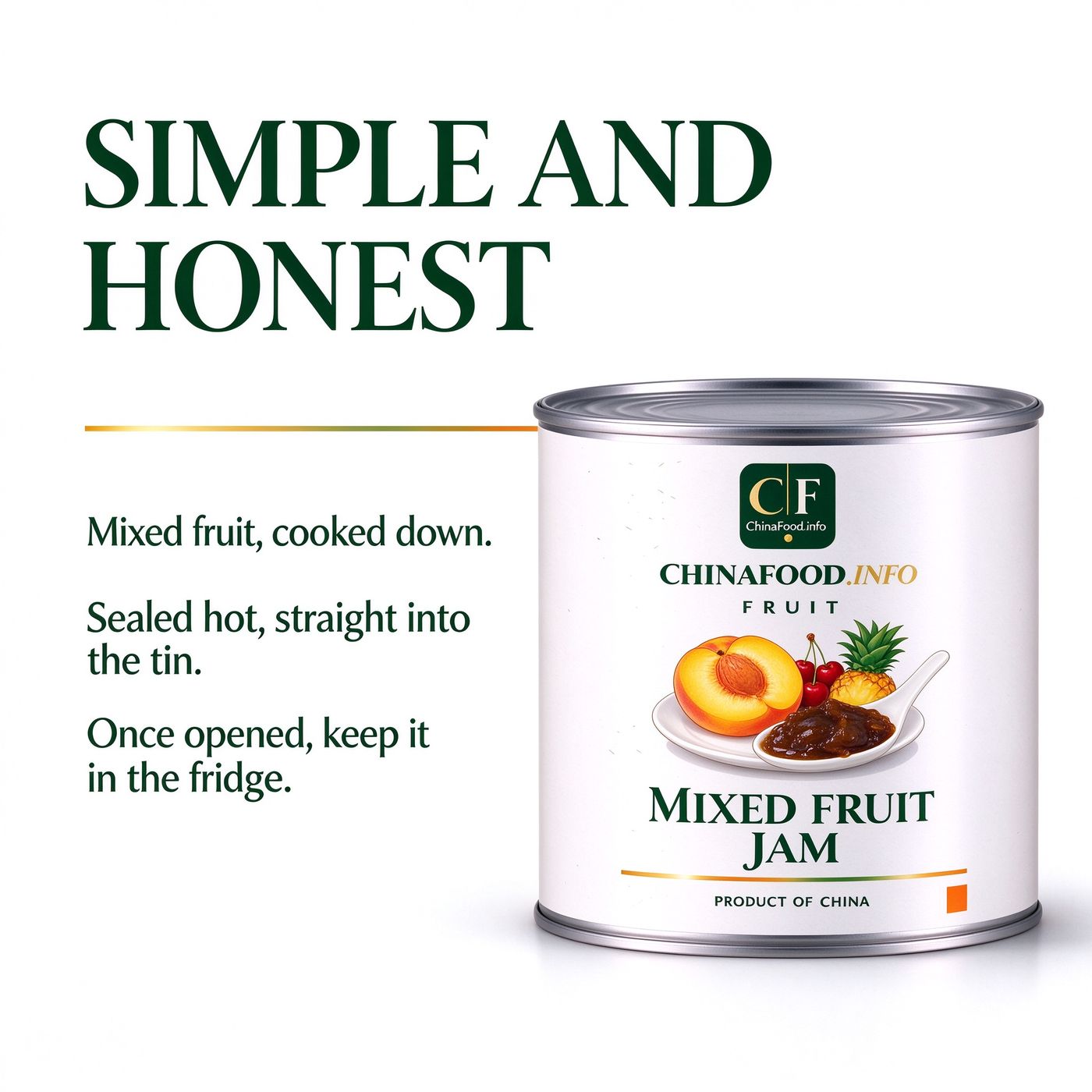 A can of mixed fruit jam beside the trade label plate