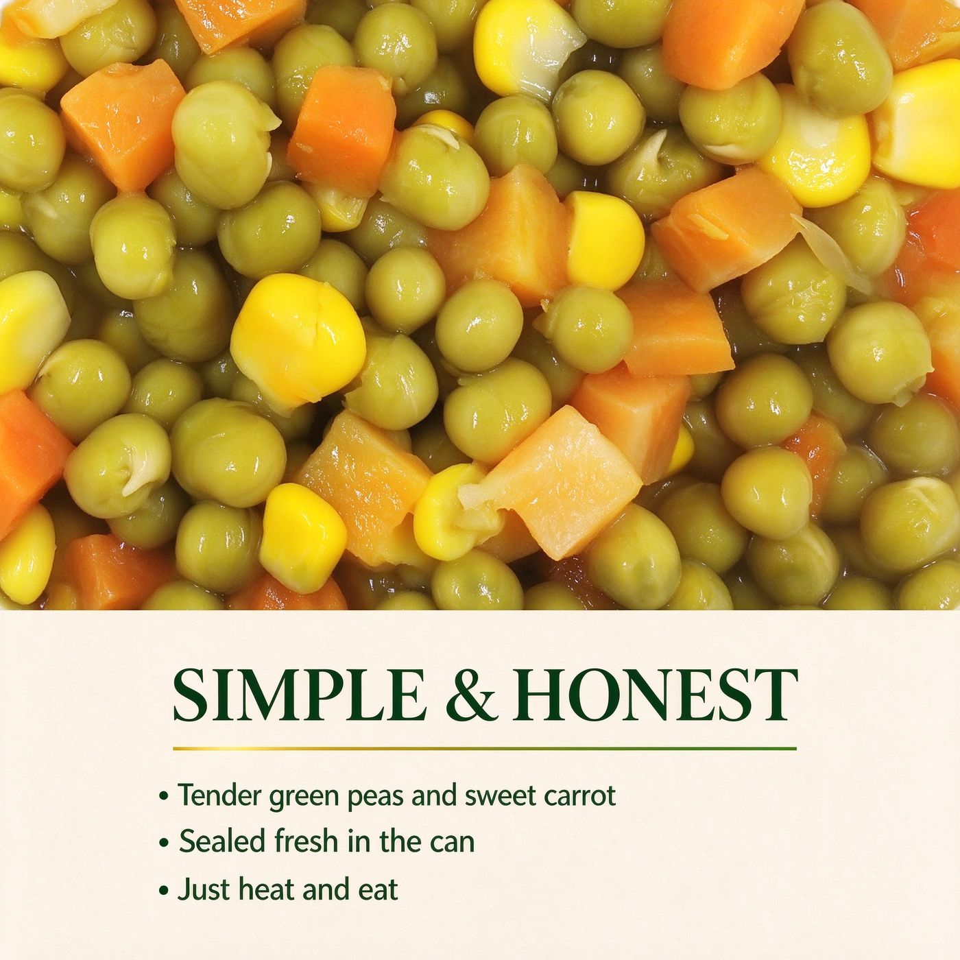 Close-up of green peas, carrots and sweet corn in brine