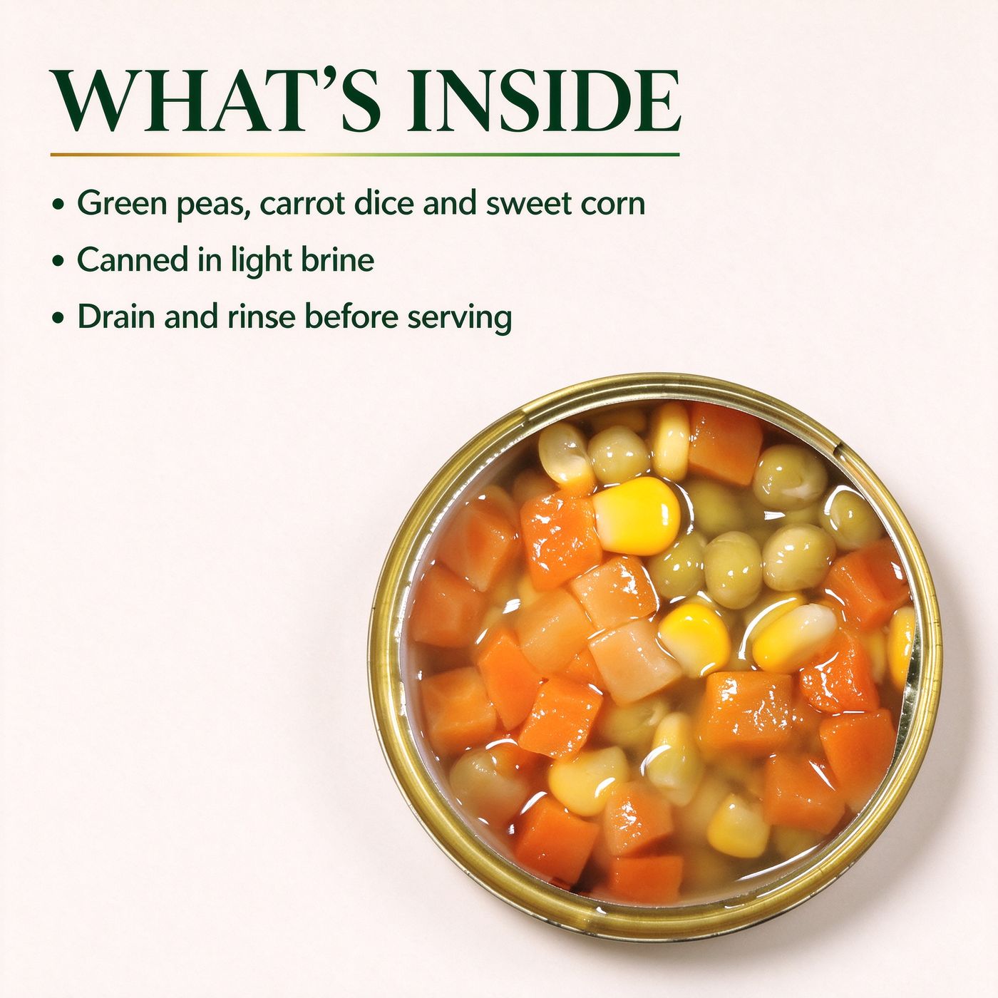 An opened tin of green peas, carrot dice and sweet corn, seen from above
