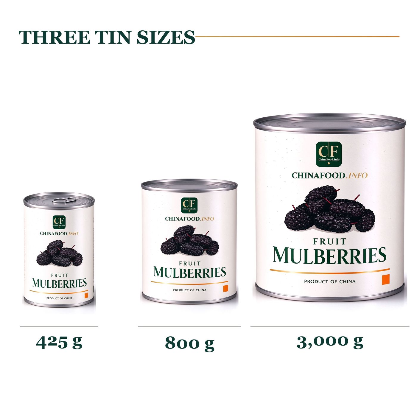Three tin sizes - 425g, 800g and 3,000g cans of whole mulberries in light syrup