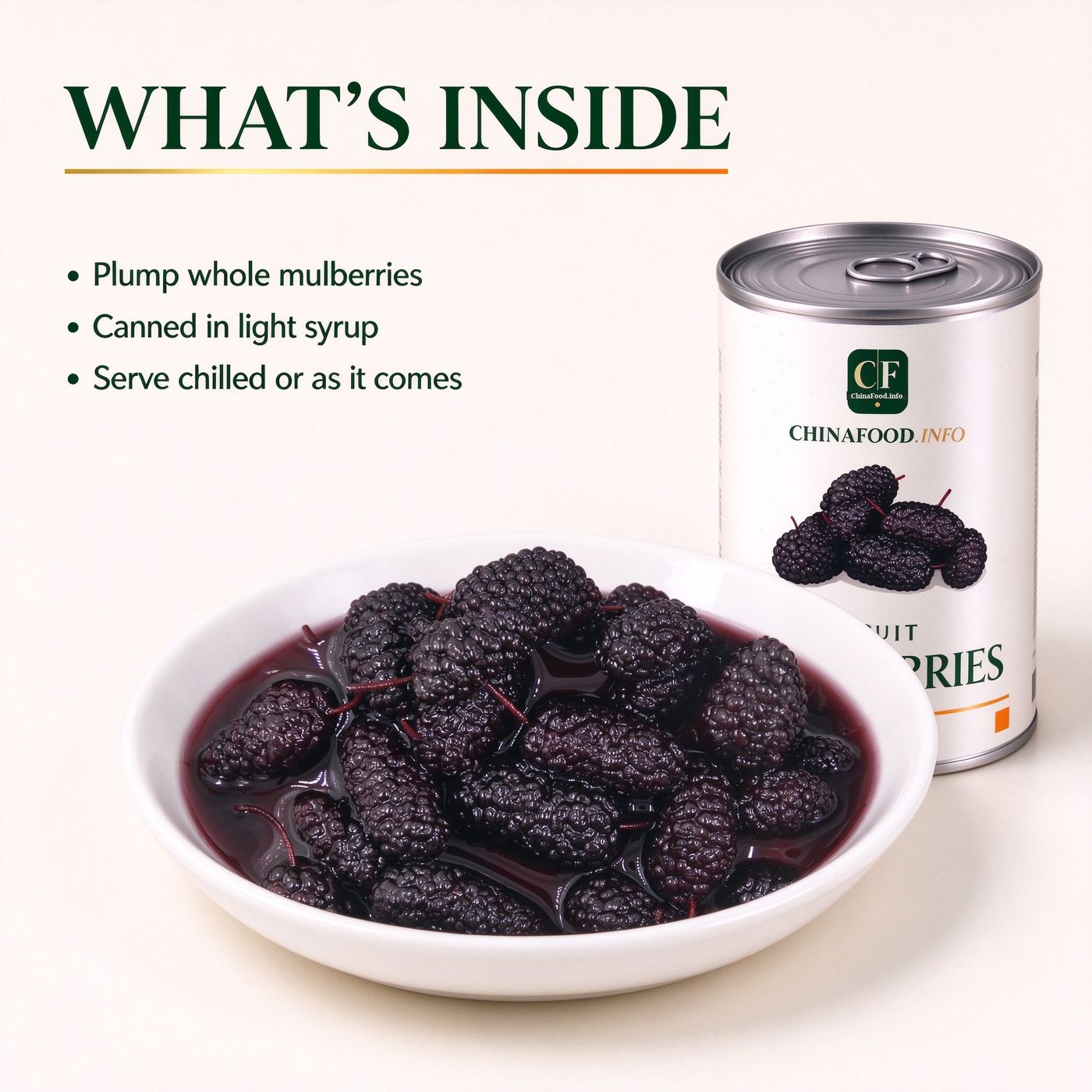 A bowl of whole mulberries in light syrup, seen from above