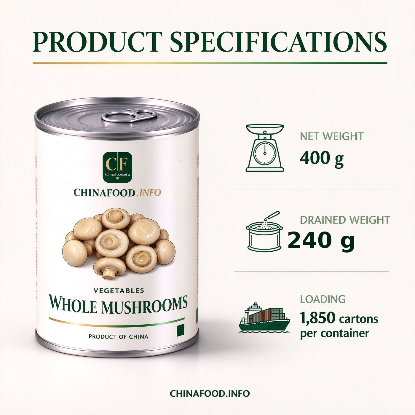 Product specifications panel - 400 g net, 240 g drained, 1,850 cartons per container