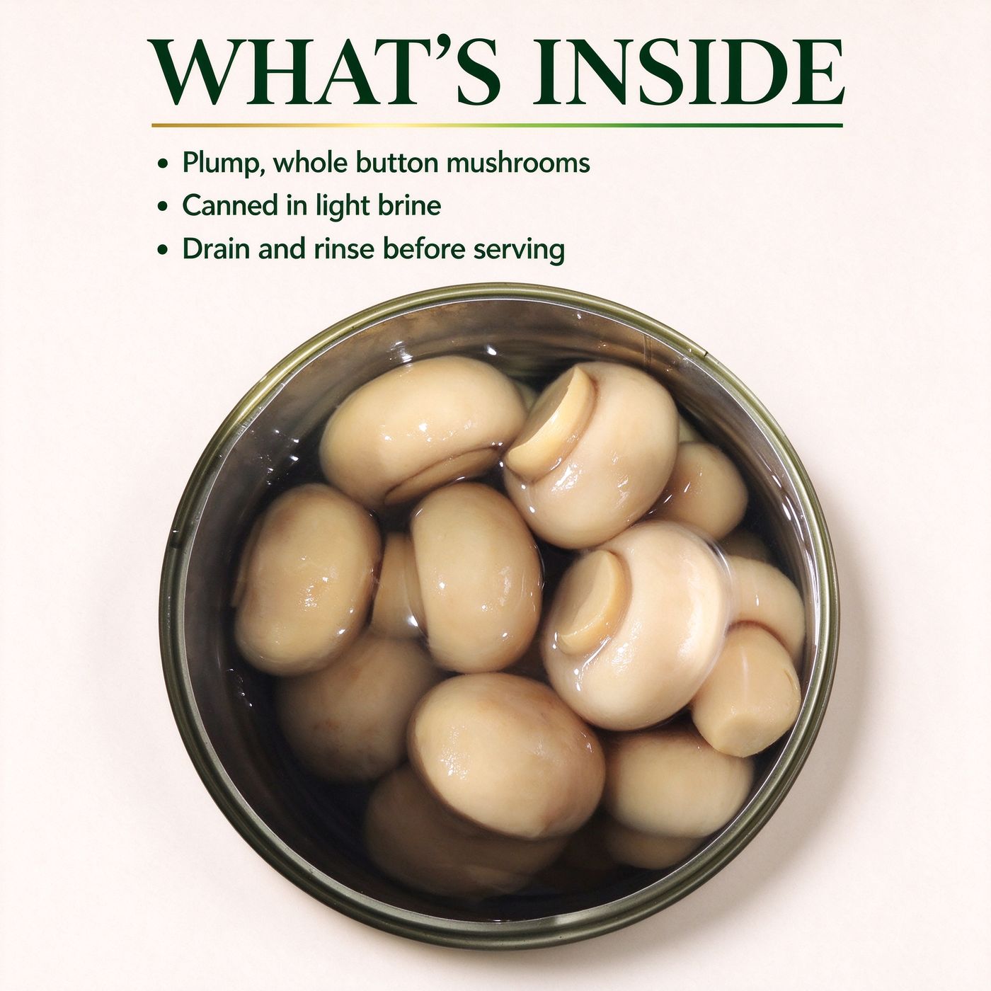 An opened tin of whole button mushrooms in light brine, seen from above
