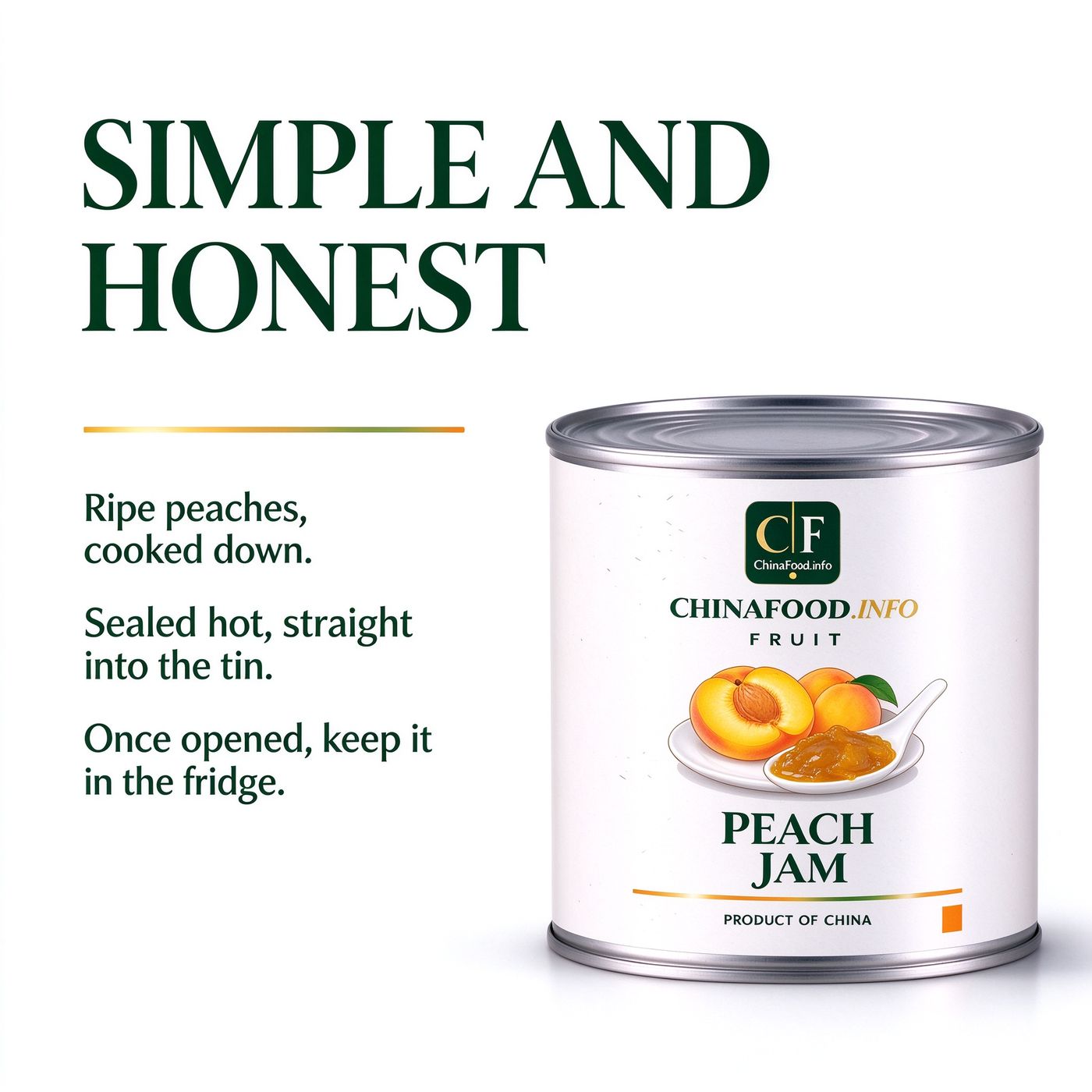A can of peach jam beside the trade label plate