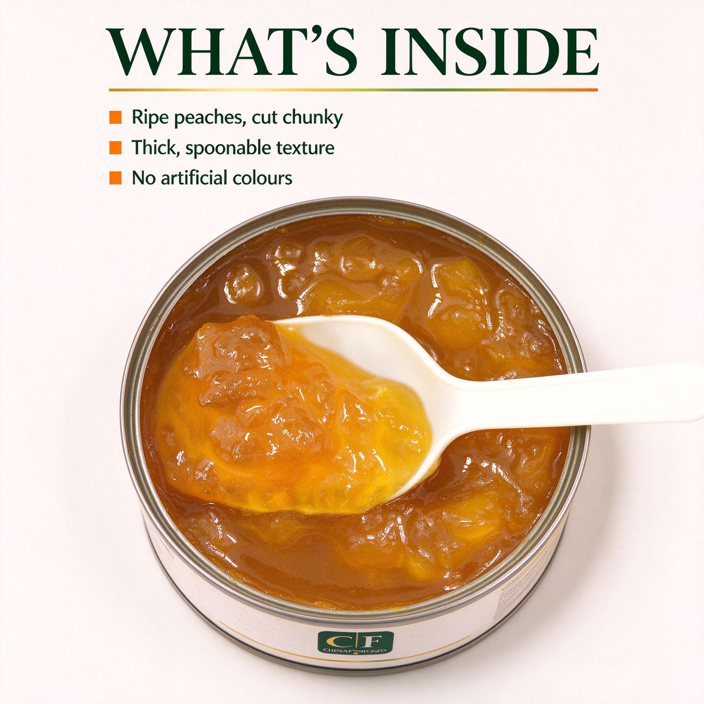 An open tin of peach jam with a spoon, seen from above