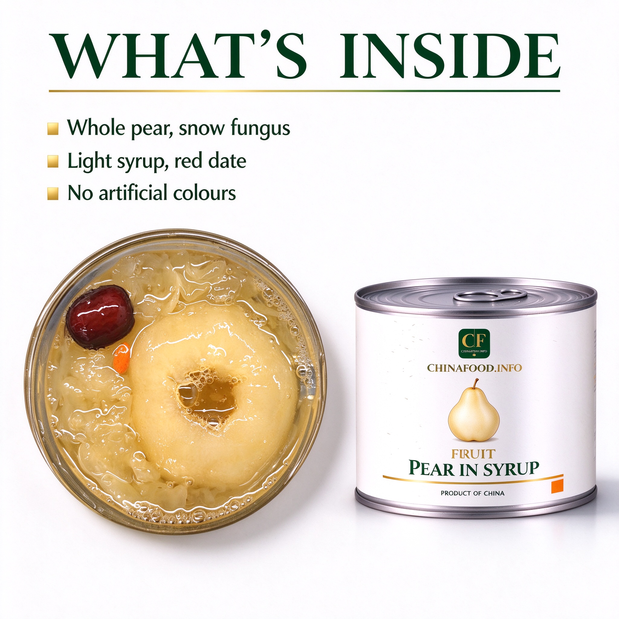 The opened can - one whole pear with snow fungus and red date in light syrup