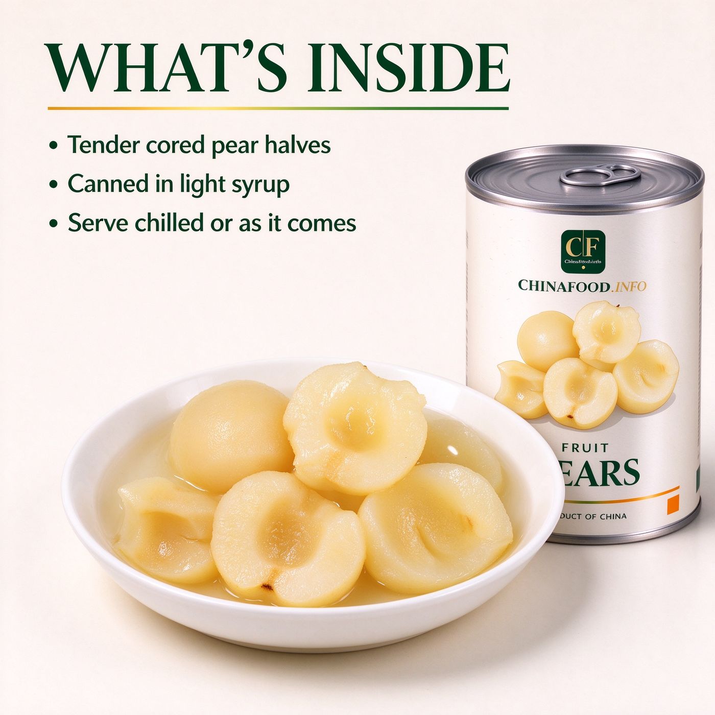 Opened tin of canned pear halves in light syrup