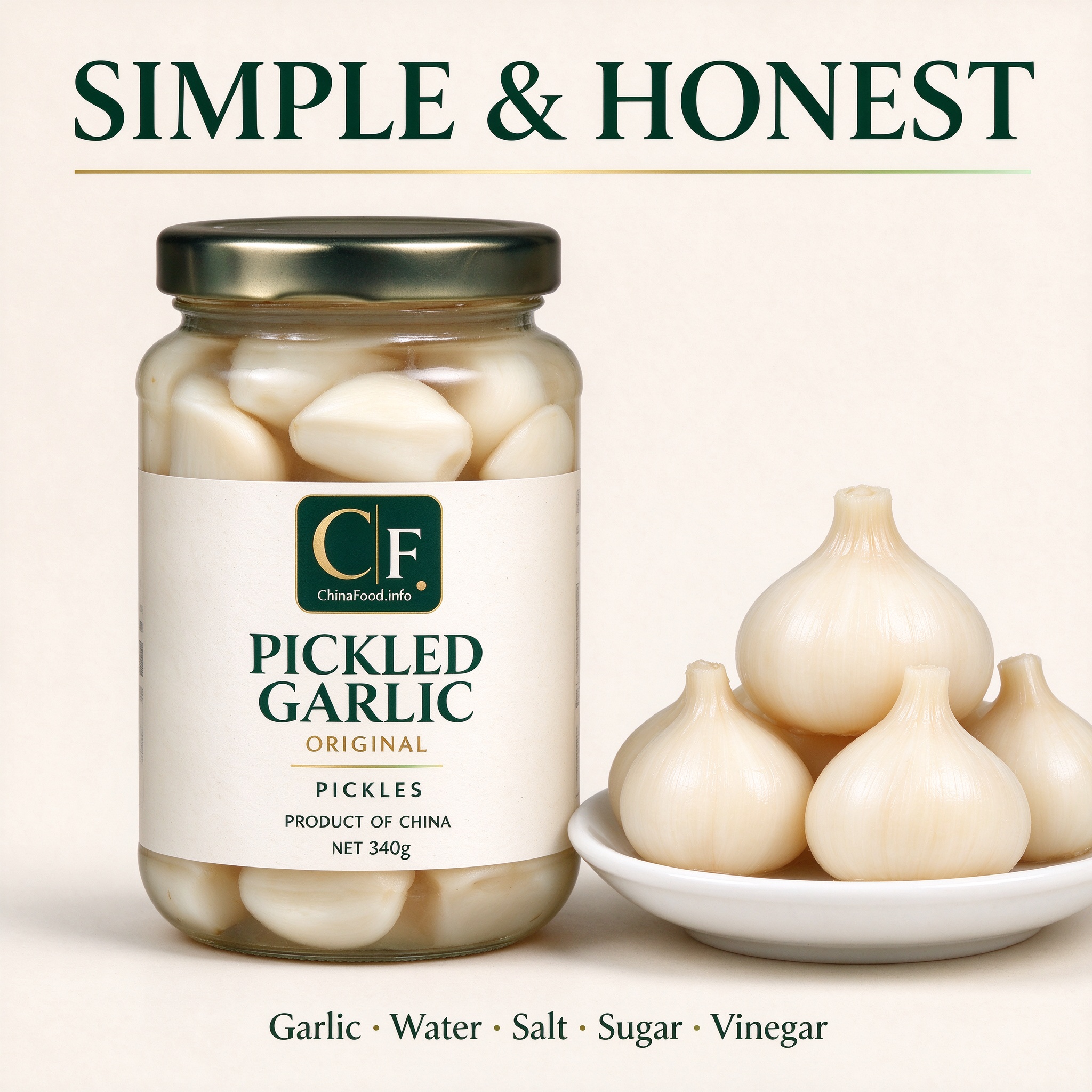 Whole pickled garlic cloves in a dish, with the trade jar beside
