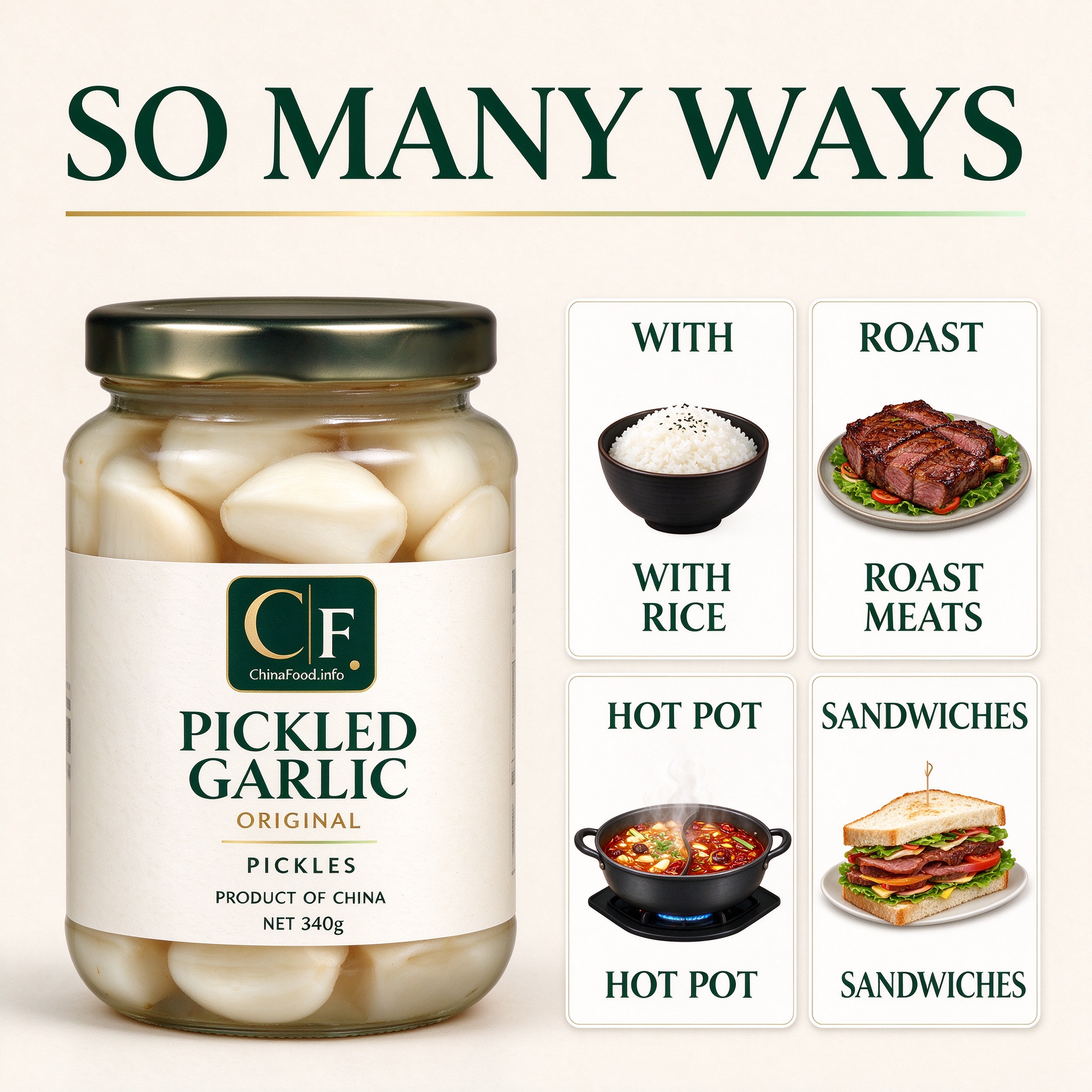 Pickled garlic with suggested uses