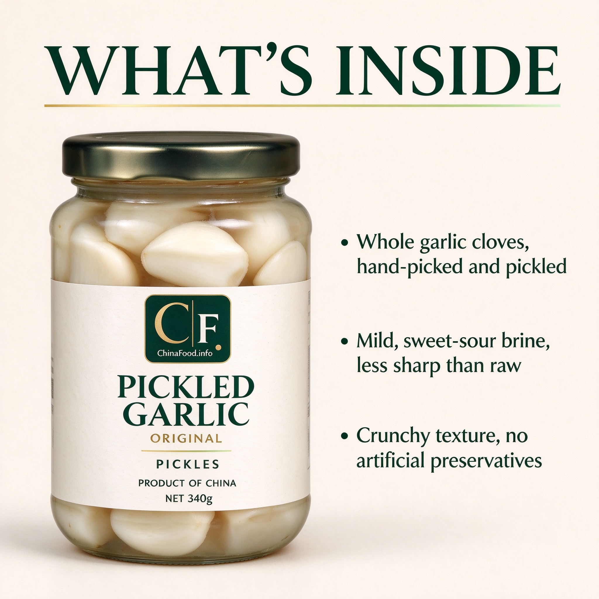 A glass jar of whole pickled garlic cloves in mild sweet-sour brine