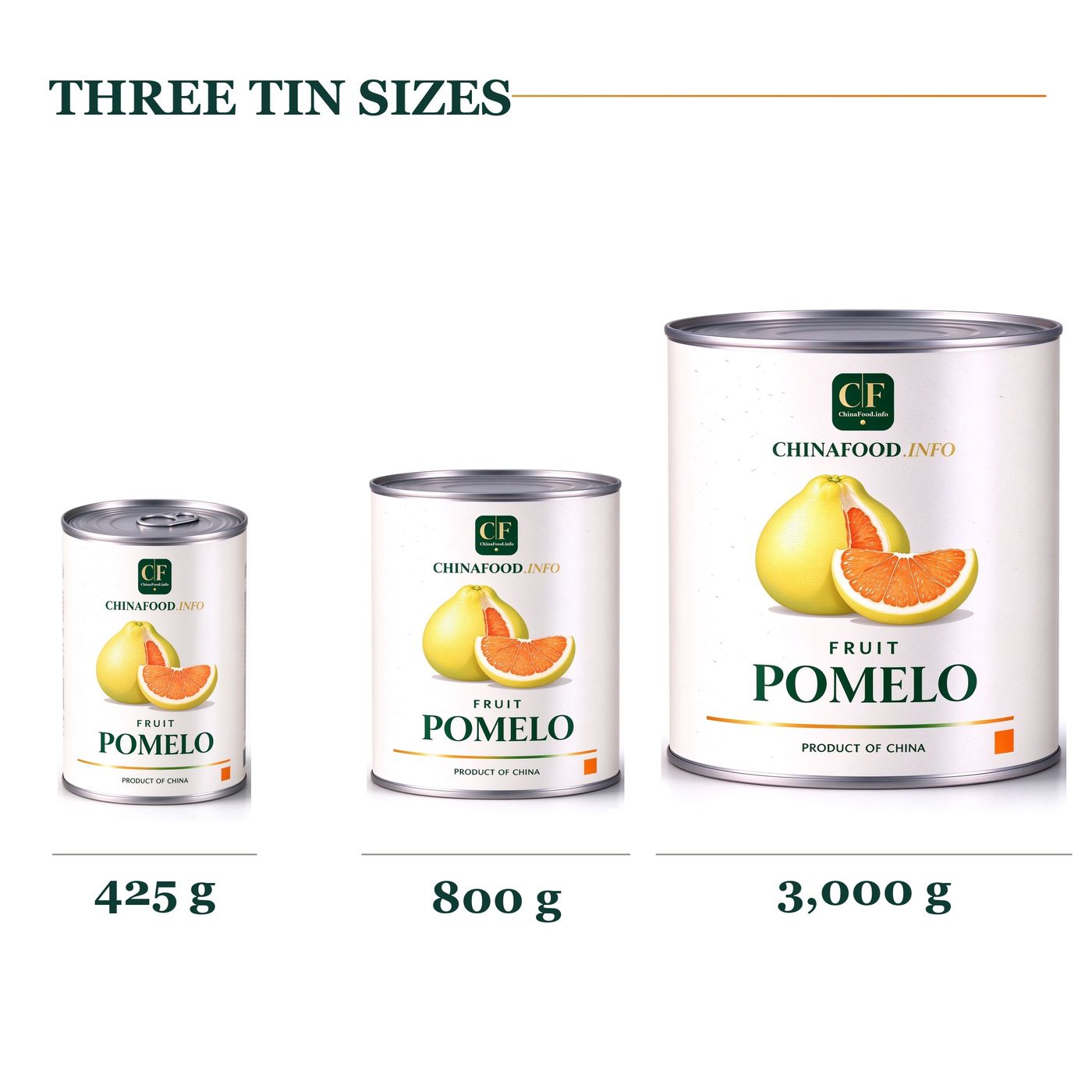 Three tin sizes - 425g, 800g and 3,000g cans of pomelo pulp in light syrup