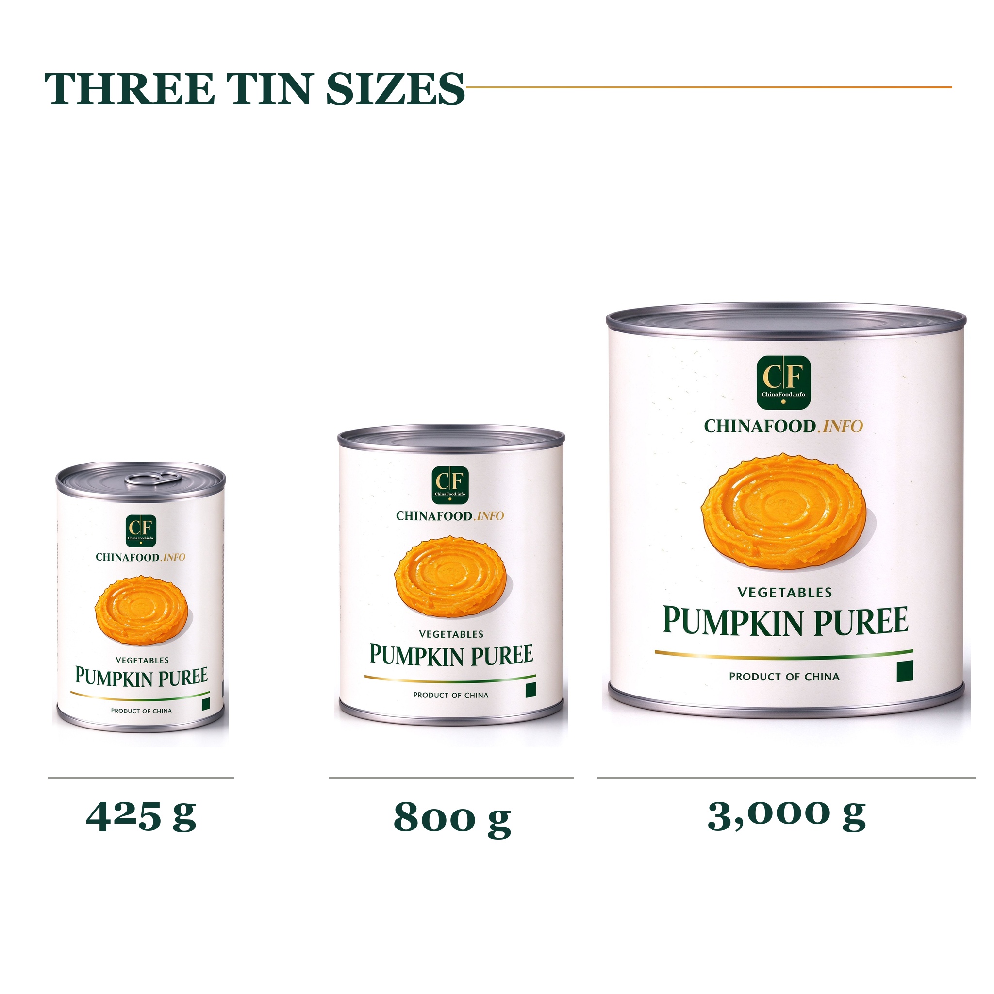 Three tin sizes as packed - 425 g, 800 g and 3,000 g