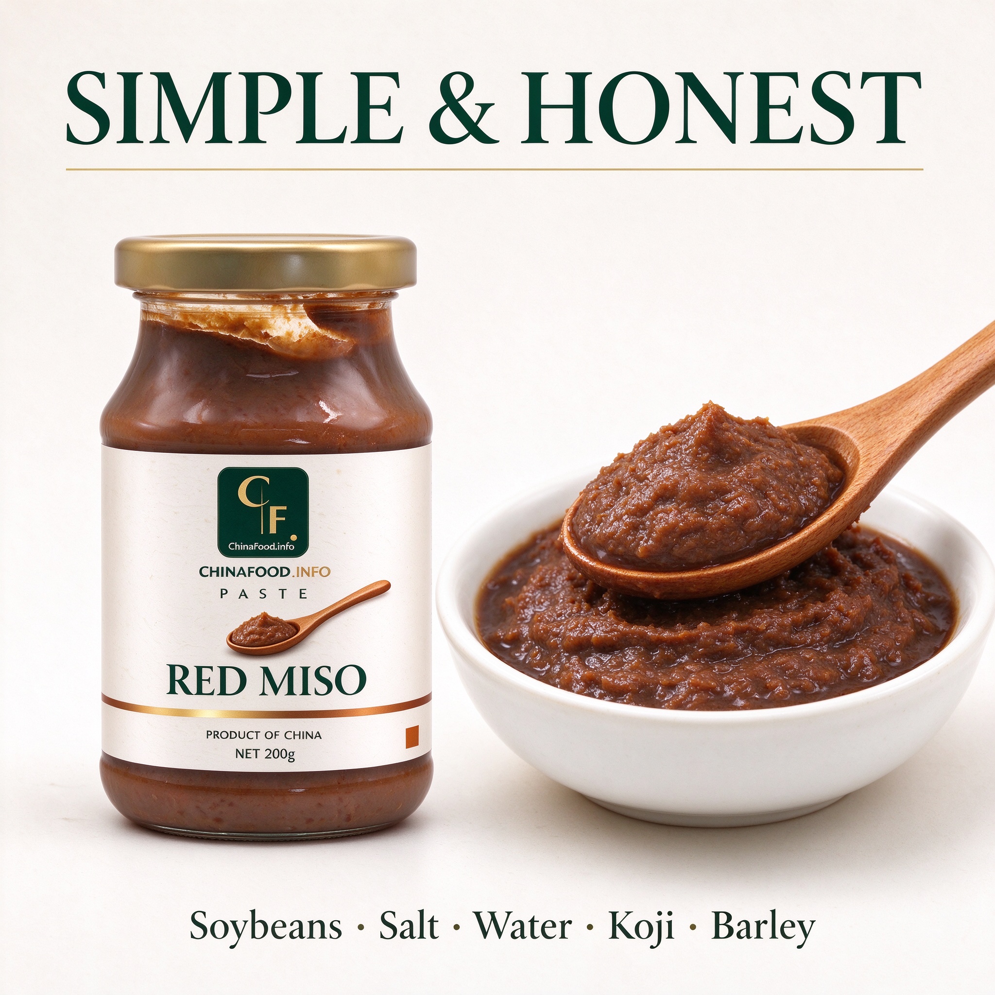 Red miso ingredients - soybeans, salt, water, koji, barley