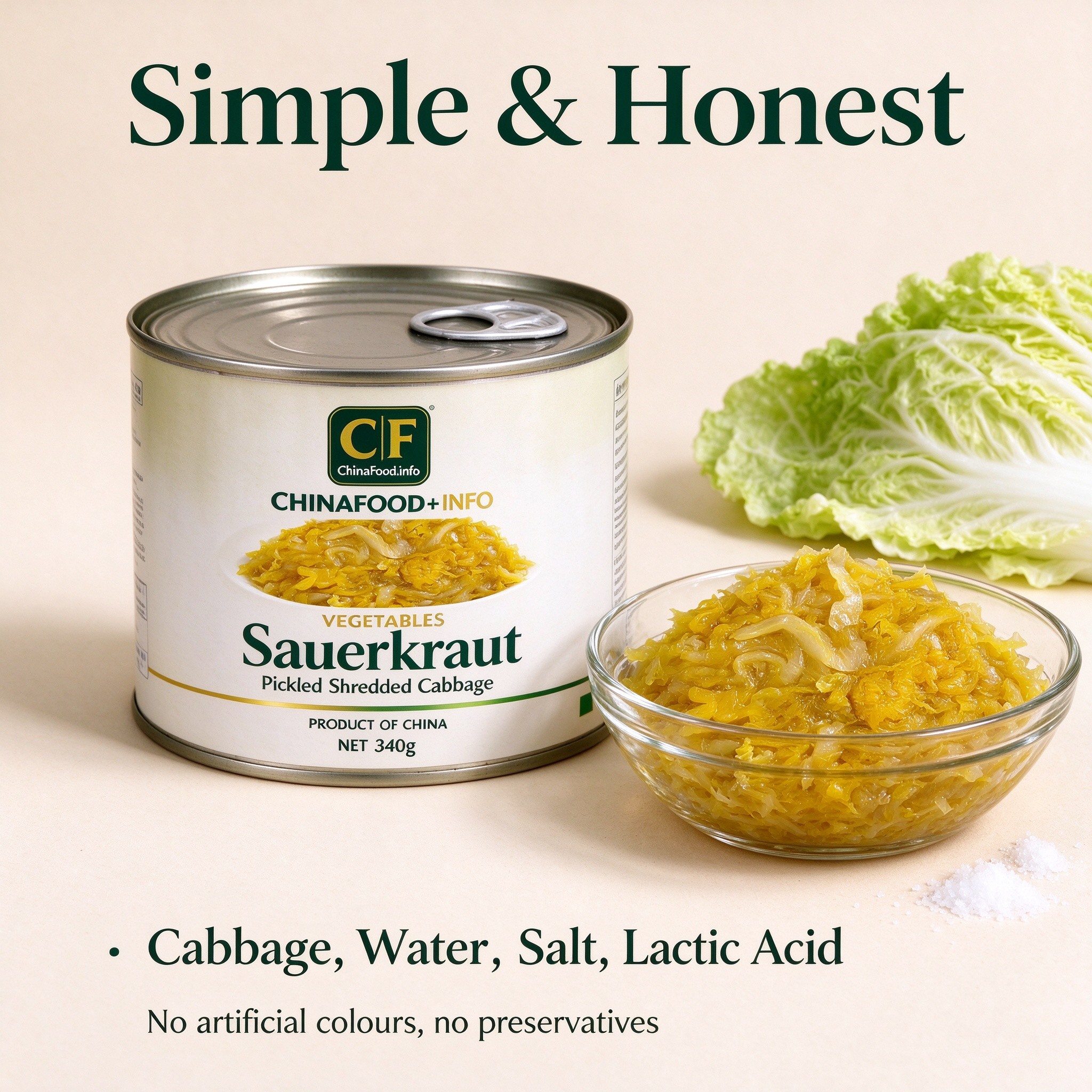 Simple and honest - cabbage, water, salt, lactic acid